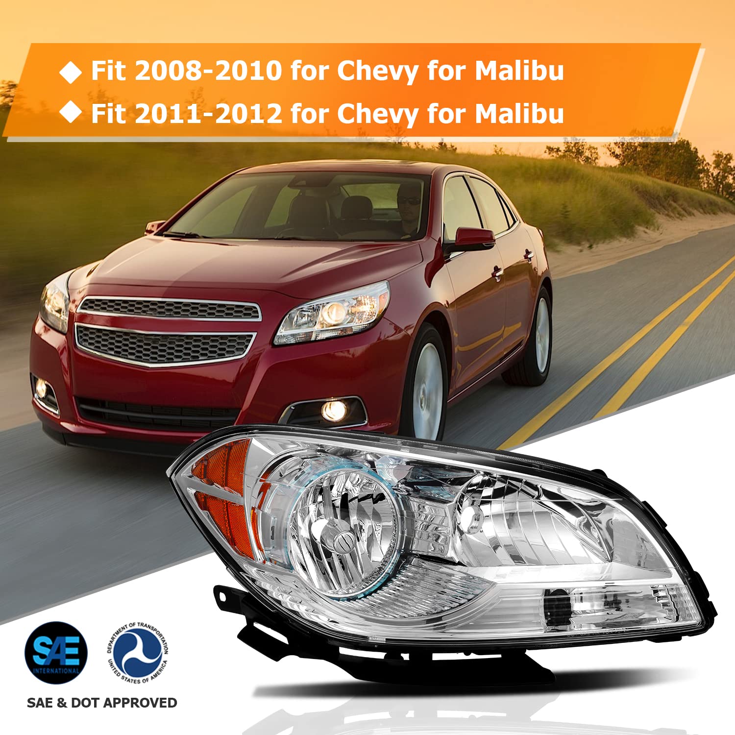 Chevrolet Malibu Headlight Assembly 2008-2012 - Chrome Housing, Amber Reflector, Clear Lens - Driver & Passenger Side Replacement Headlamps - Perfect for Night Driving & Vehicle Restoration Projects