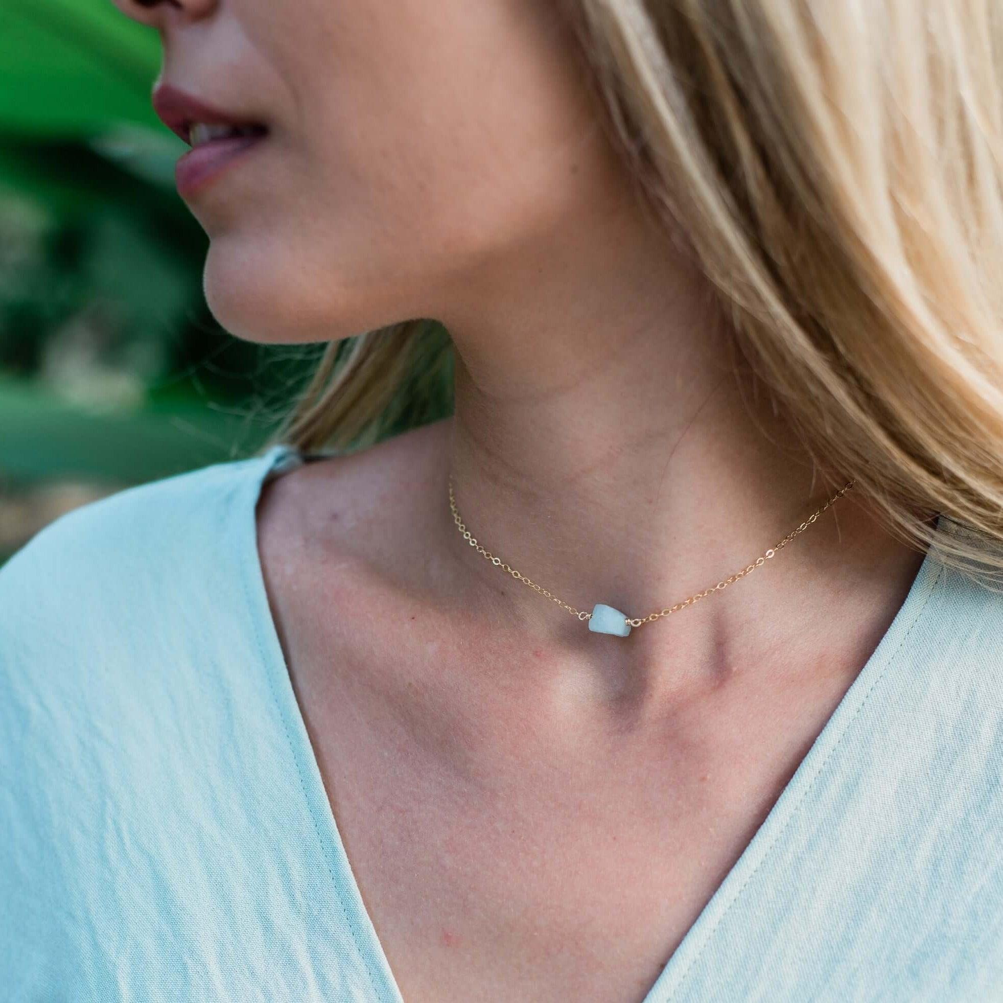 Natural Raw Aquamarine Crystal Nugget Choker Necklace - Elegant Bohemian Jewelry for Women, Perfect for Beach Weddings, Festivals & Layering