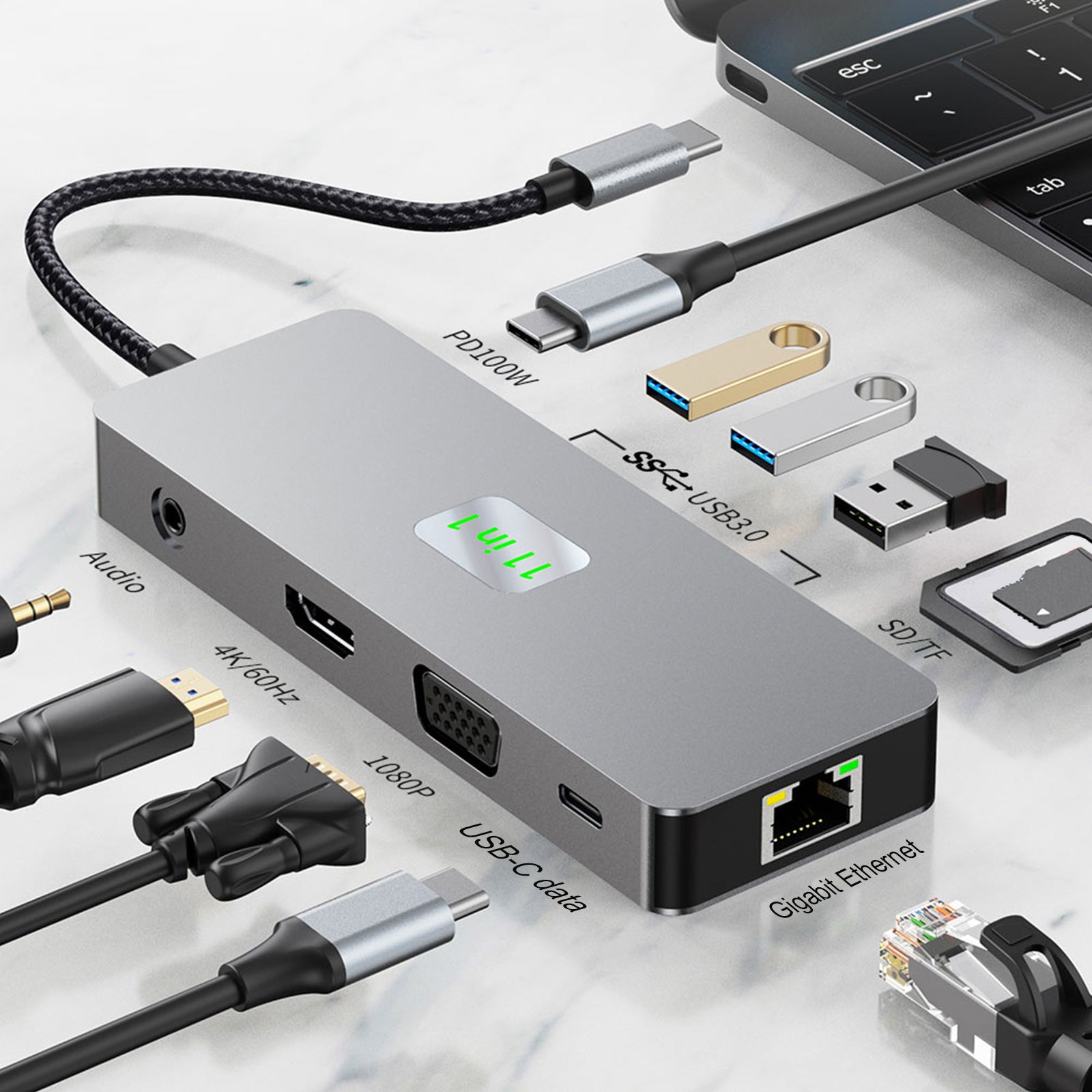 11-in-1 USB C Hub with Gigabit Ethernet, 4K HDMI, VGA, USB 3.0, 100W PD, SD/TF Card Reader & Audio Jack - Perfect for MacBook Pro/Air, iPad Pro & Windows Laptops - Ideal for Home Office, Gaming & Video Conferencing