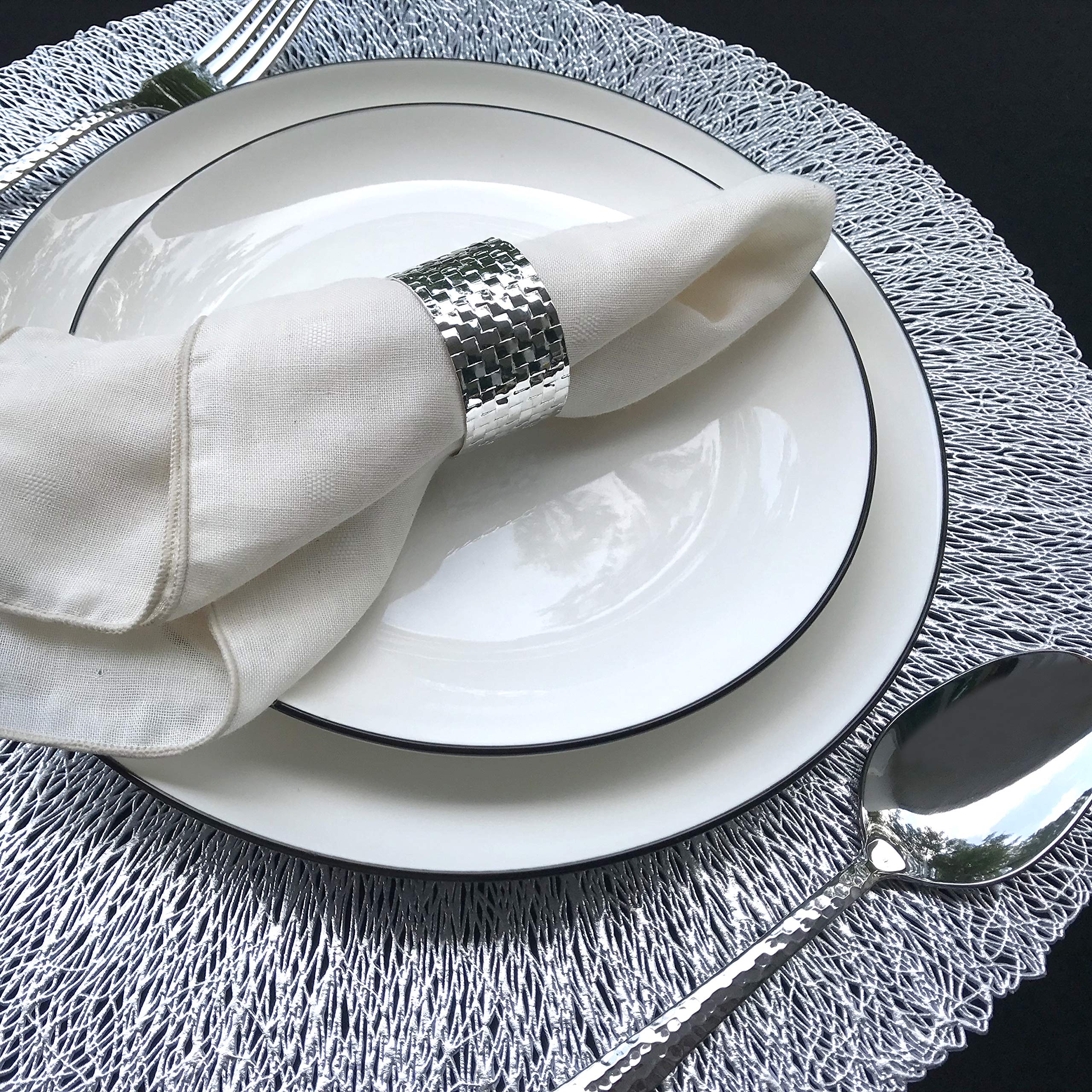 Round Silver Vinyl Placemats Set of 4 - 15 Inch Modern Dining Table Mats for Thanksgiving, Christmas & Housewarming Parties - Waterproof & Easy Clean Place Settings for Everyday Use & Special Occasions