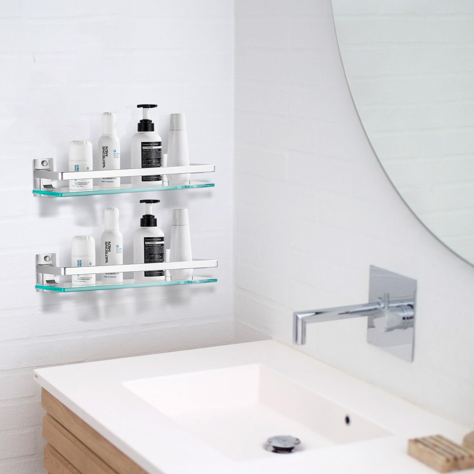 Premium Tempered Glass Bathroom Shelf with Upgraded Bracket - Silver Rectangular Shower Organizer (2 Pack) for Bathroom Storage & Spa Decor - Perfect for Shampoo, Soap & Towel Organization in Showers, Vanities & Spa Areas