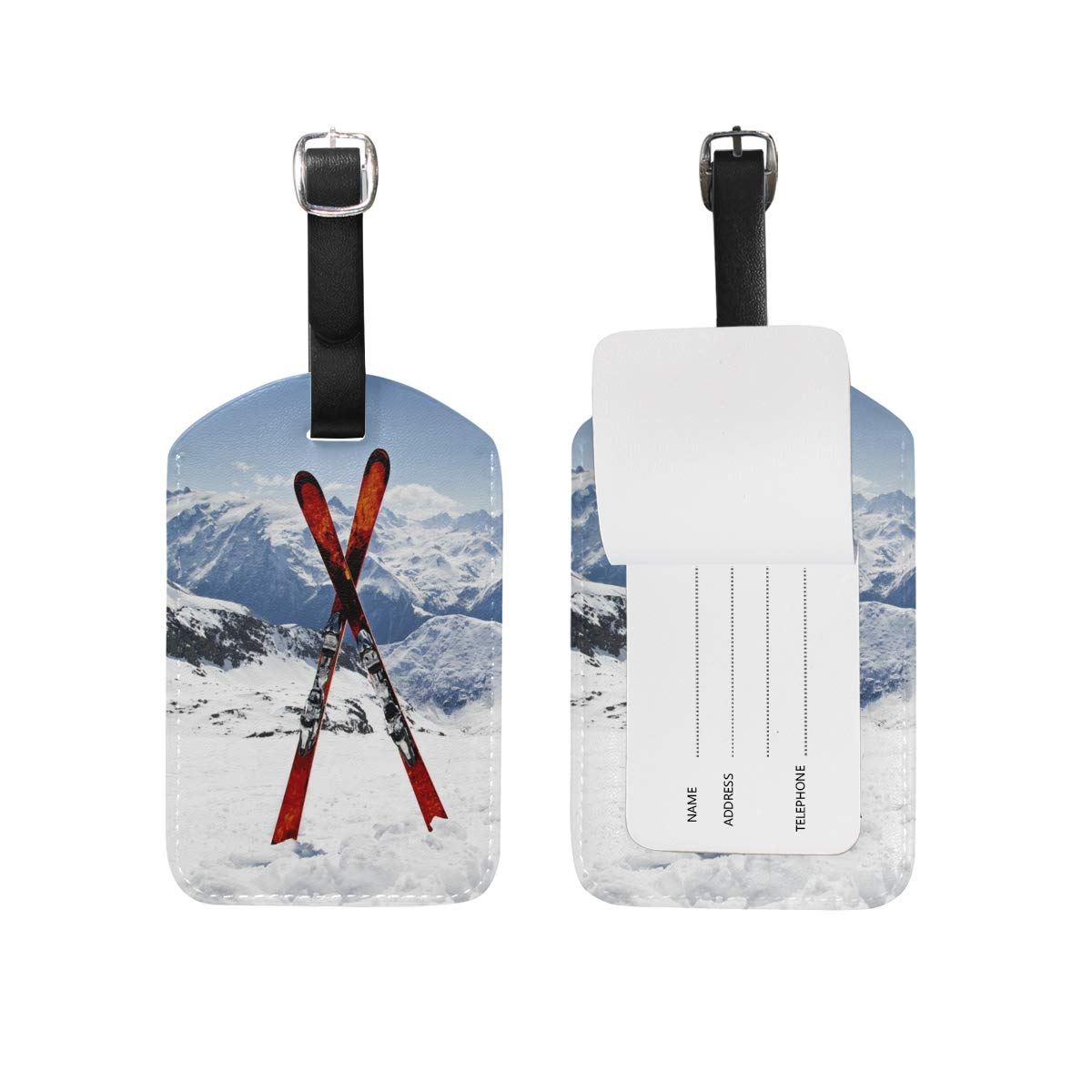 Premium Ski-Themed Luggage Tags - Pair of Winter Landscape Cross Skis Travel ID Card Holders for Suitcases & Bags | Perfect for Ski Trips, Winter Vacations & Airport Travel