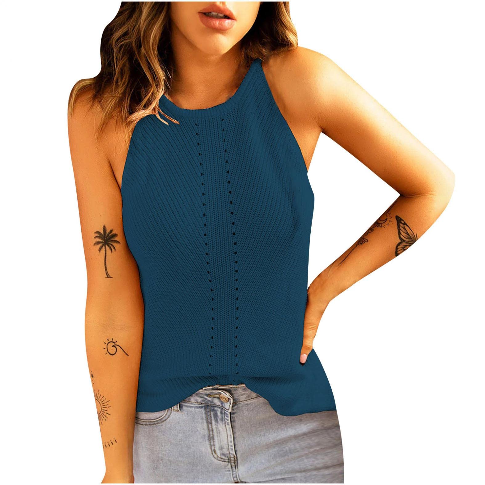 Women's Casual Knitted Tank Tops - Cute Solid Sleeveless Halter Neck Pullover Blouse for Summer Outfits, Beach Wear & Layering