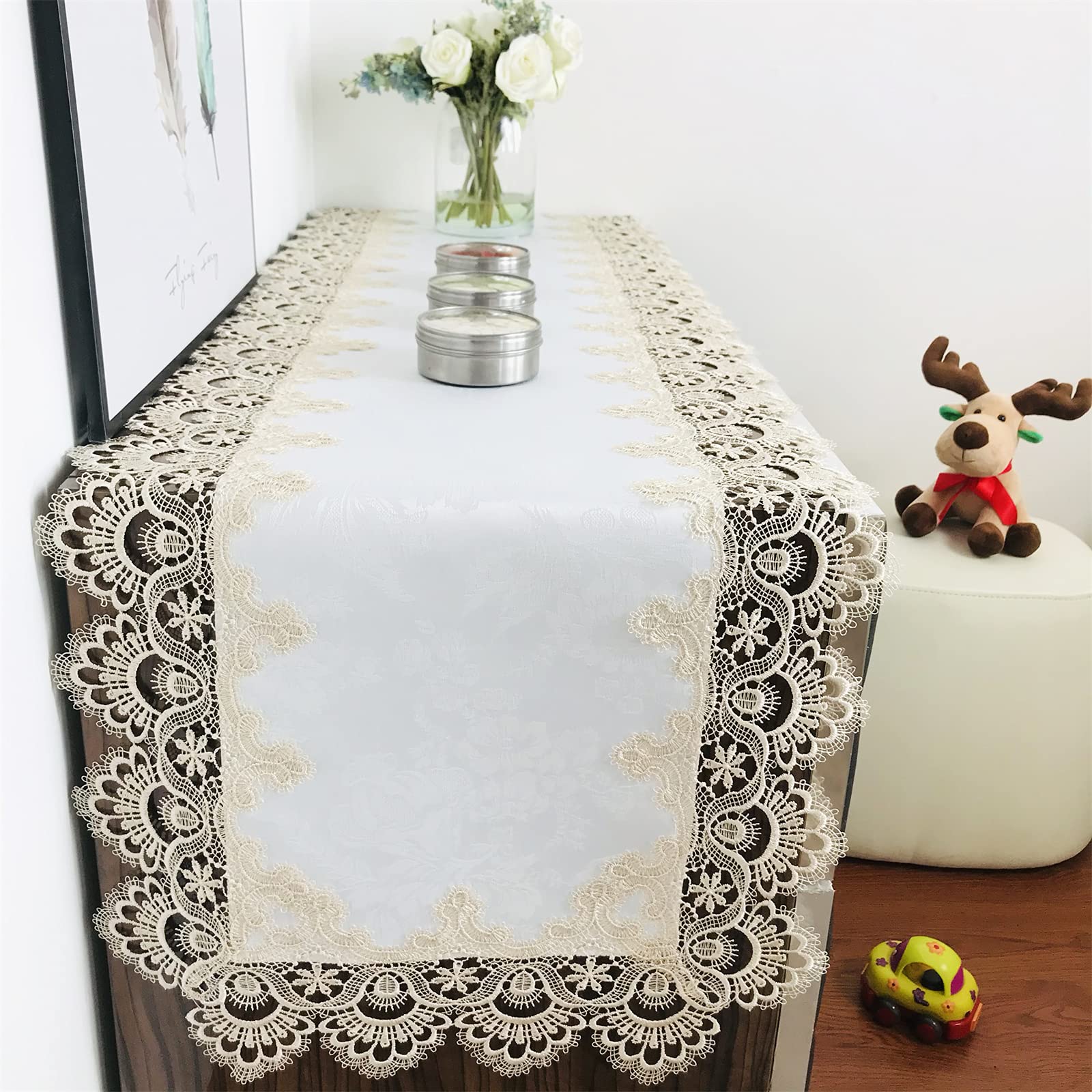 Beige Embroidered Lace Rectangle Table Runner 16x70 Inches - Elegant Wedding & Dining Table Scarf with Carnation Design, Washable Fabric - Perfect for Coffee Tables, Buffets, and Home Decor