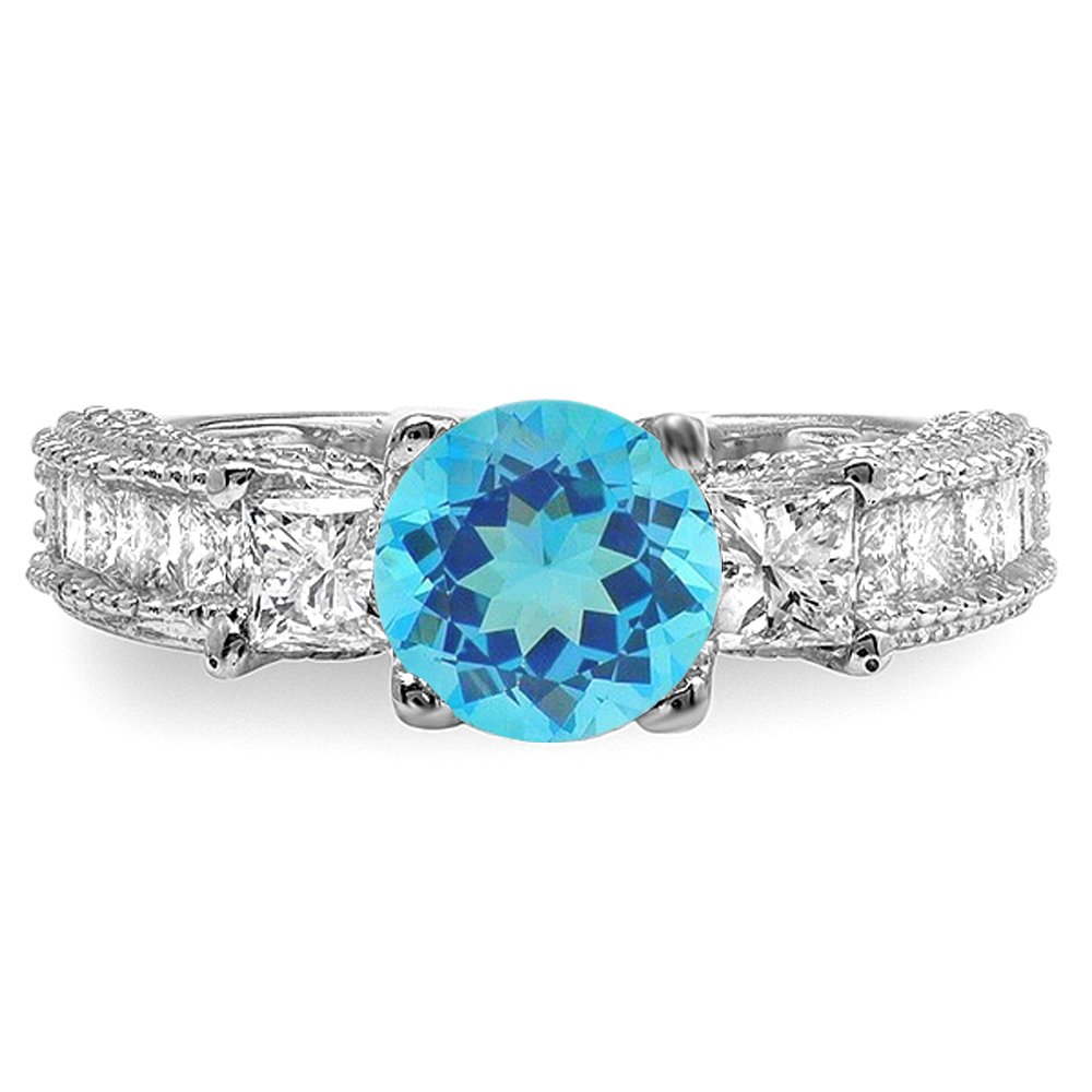 14K Solid White Gold Blue Topaz & White Diamond Women's 3 Stone Engagement Ring – Elegant Bridal Jewelry for Proposals, Anniversaries & Special Occasions