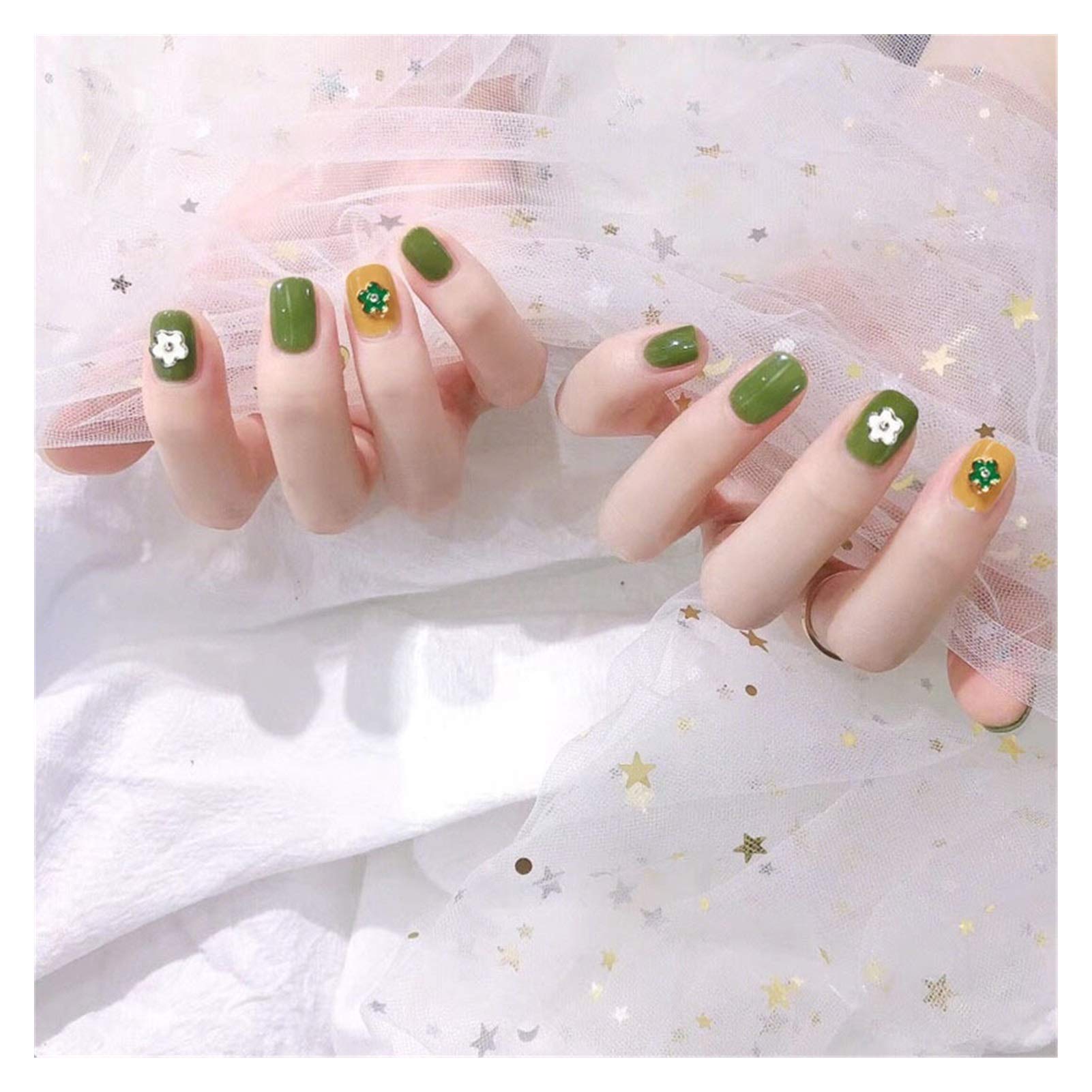 KIRANDY Summer Fashion Avocado Green 3D Flower Acrylic False Nails - Cute Full Cover Square Fake Nails with Glue for Girls | Perfect for Parties, Weddings & Daily Wear