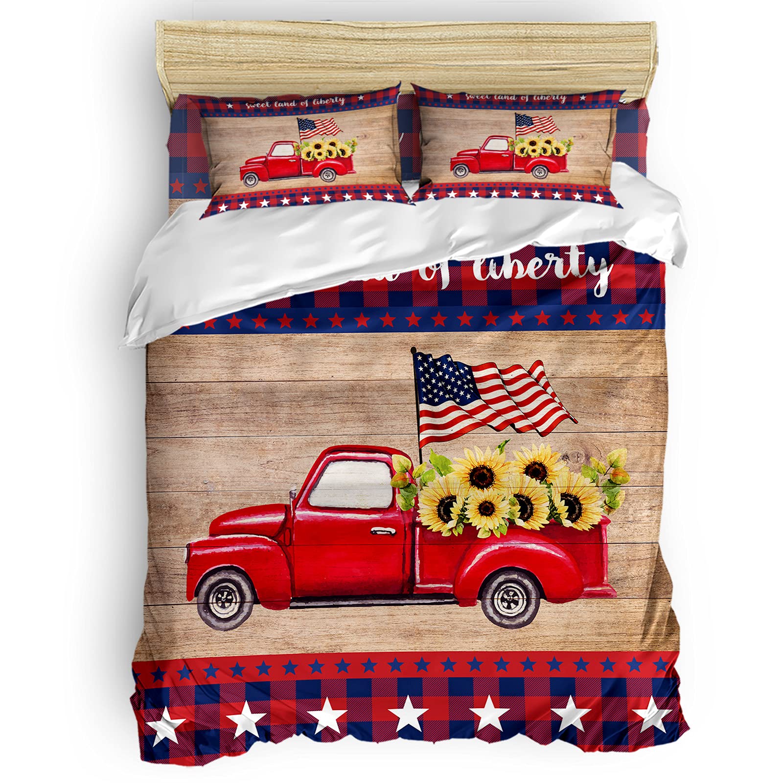 4 Piece Full Size Bedding Set - Red Truck & Sunflower Independence Quilt with Pillow Shams & Sheets, Retro Buffalo Check Lace Design, Breathable Microfiber Bedspread for All Seasons | Cozy Farmhouse Bedroom Decor, Perfect for Guest Rooms & Cabin Retreats
