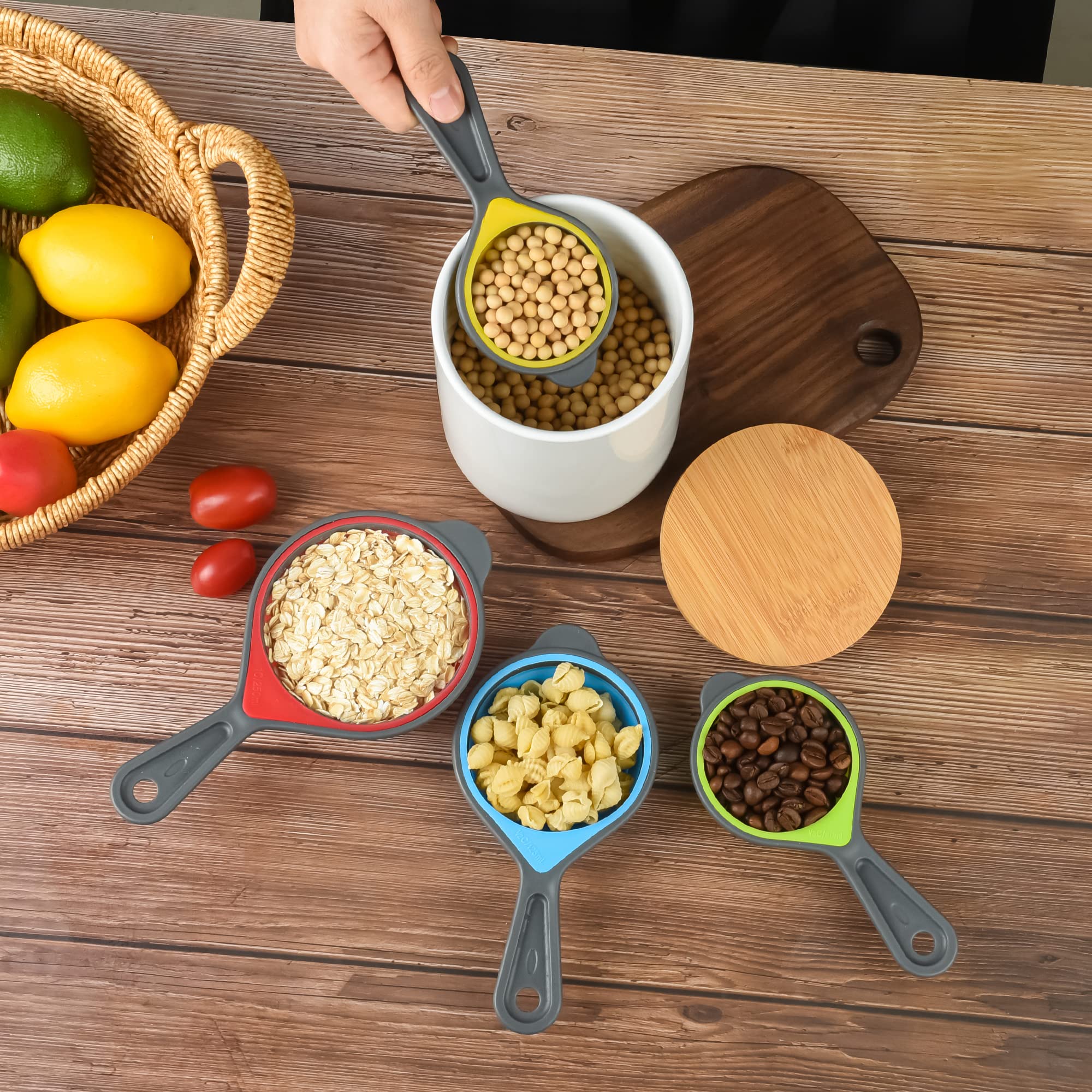 8-Piece Collapsible Measuring Cups and Spoons Set - Food Grade Silicone for Liquid & Dry Ingredients - Space-Saving Kitchen Tools (Yellow/Rainbow) - Perfect for Baking, Cooking & Meal Prep