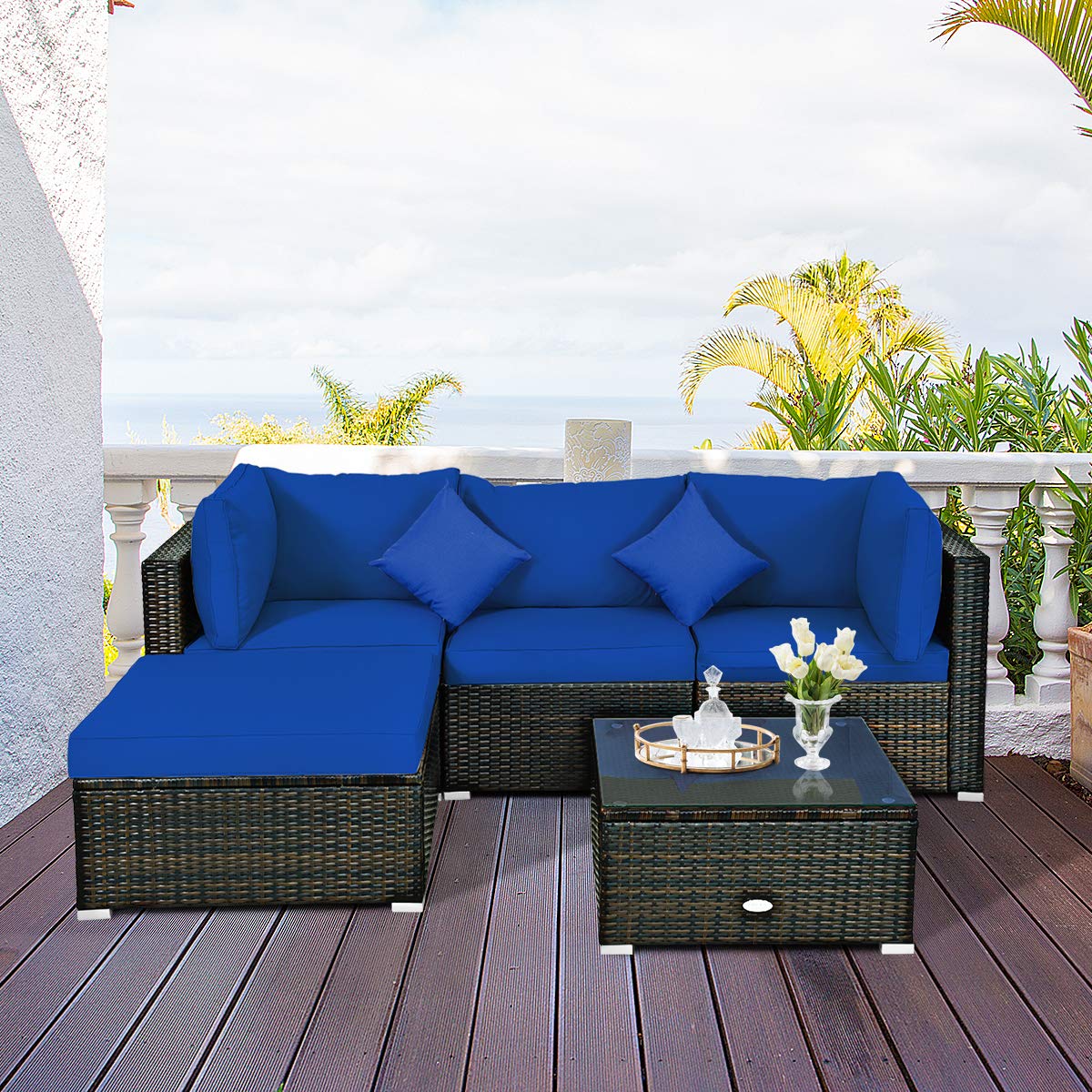HAPPYGRILL 5-Piece Outdoor Patio Conversation Set - Rattan Wicker Sectional Sofa with Ottoman, Coffee Table, Cushions & Pillows - Perfect for Garden, Lawn, Balcony, Backyard & Poolside Relaxation