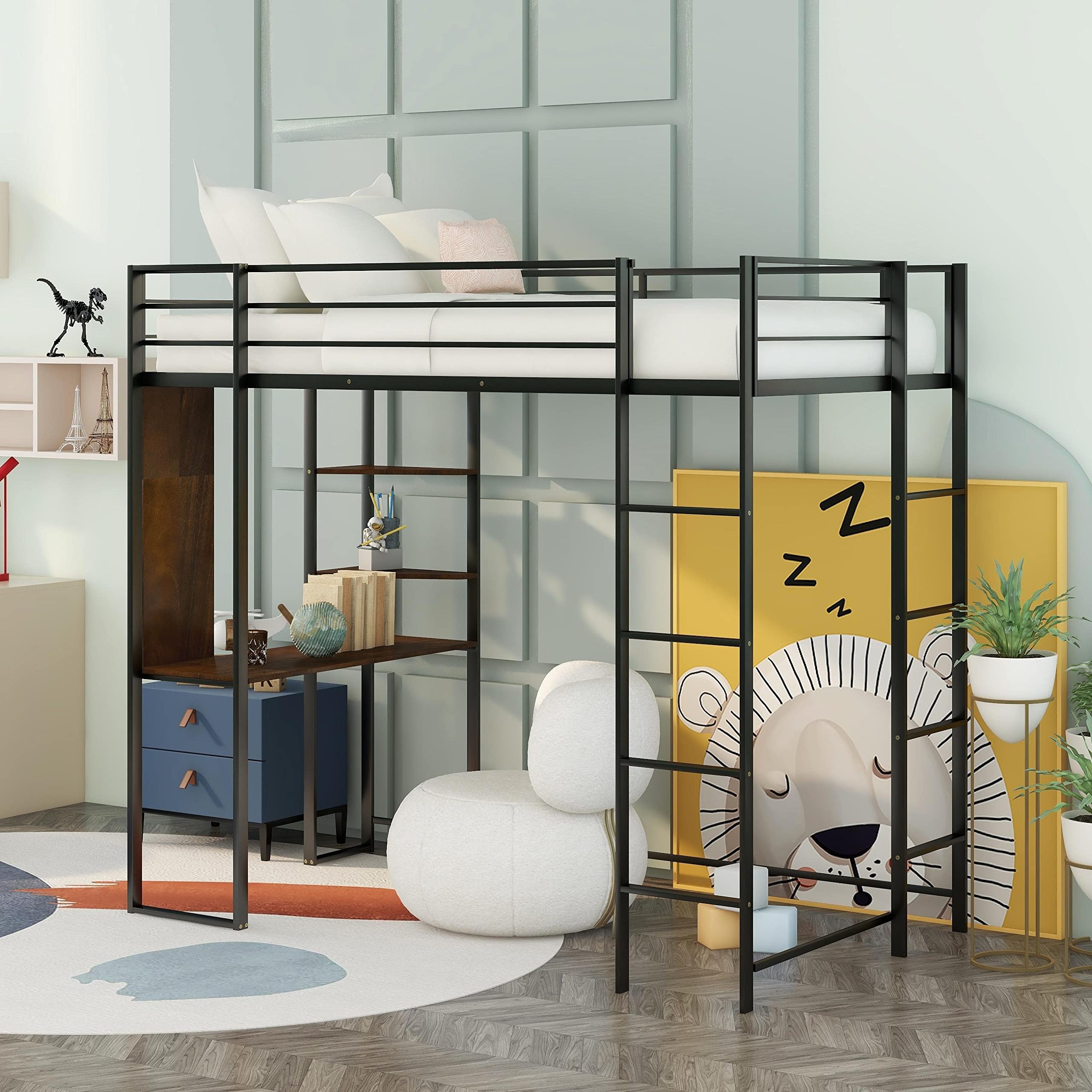 Black Twin Metal Loft Bed with Desk & Bookcase - Sturdy High Loft Bed Frame for Teens & Kids - Perfect for Small Bedrooms, Dorm Rooms & Gaming Setups