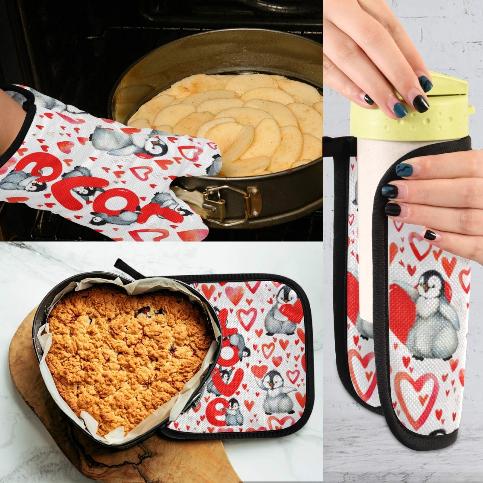 Cute Penguins Love Oven Mitts and Pot Holder Set - 2pcs Heat Resistant Non-Slip Kitchen Accessories for Women, Perfect for Cooking, Baking & BBQ | Mother's Day Gift Idea for Mom with Red Heart Design