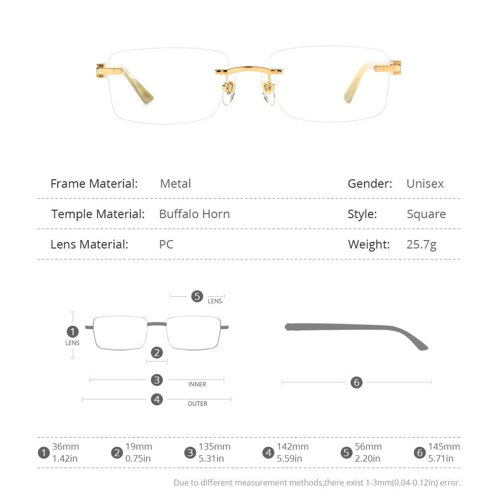 HEPIDEM 100% Genuine Buffalo Horn Handmade Square Rimless Eyeglass Frames - Luxury Unisex Glasses for Reading, Driving & Fashion Accessories