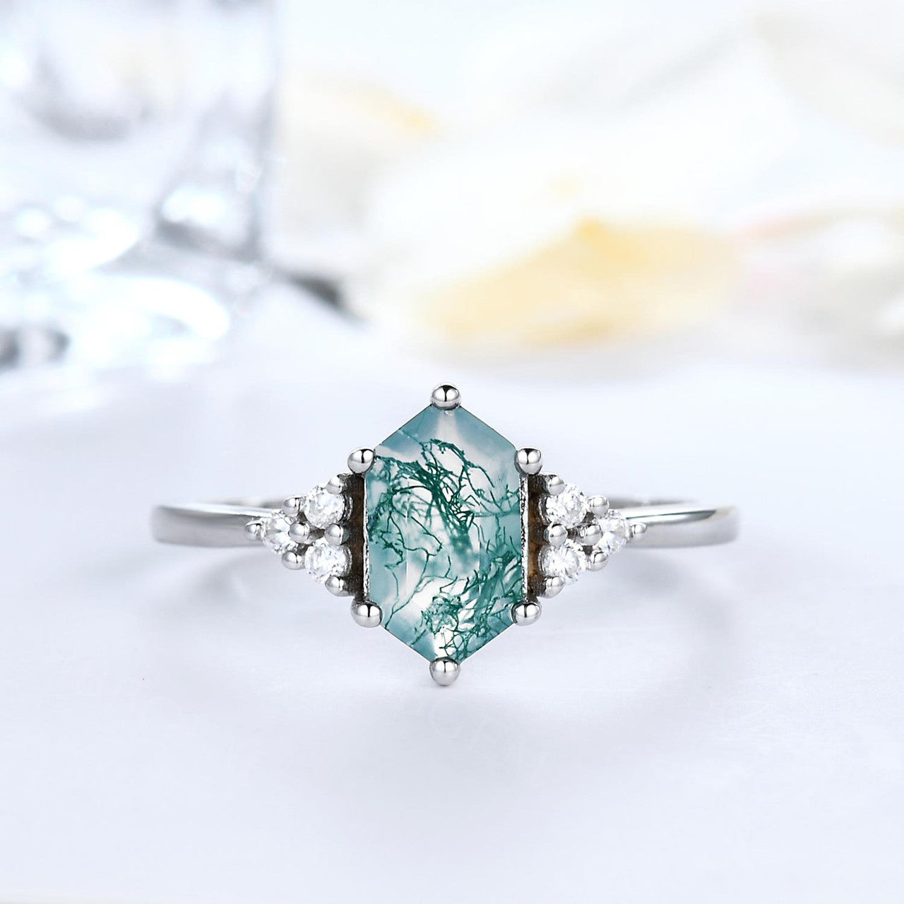 Long Hexagon Cut Moss Agate Engagement Ring with Cluster Diamond Accents - Green Crystal Elongated White Gold Wedding Band for Women | Perfect for Proposals, Anniversaries & Romantic Occasions