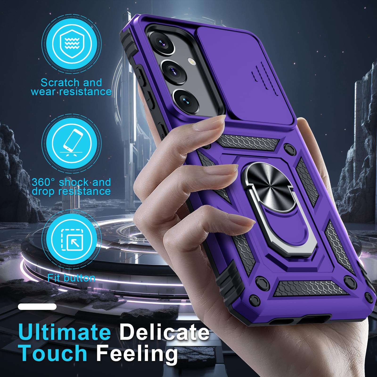 Janmitta Heavy Duty Shockproof Full Body Phone Case for Samsung Galaxy S25 Plus/S24 Plus - Built-in Slide Camera Lens Cover, Screen Protector & Finger Ring Holder Kickstand - Purple | Perfect for Outdoor Activities, Travel & Daily Protection