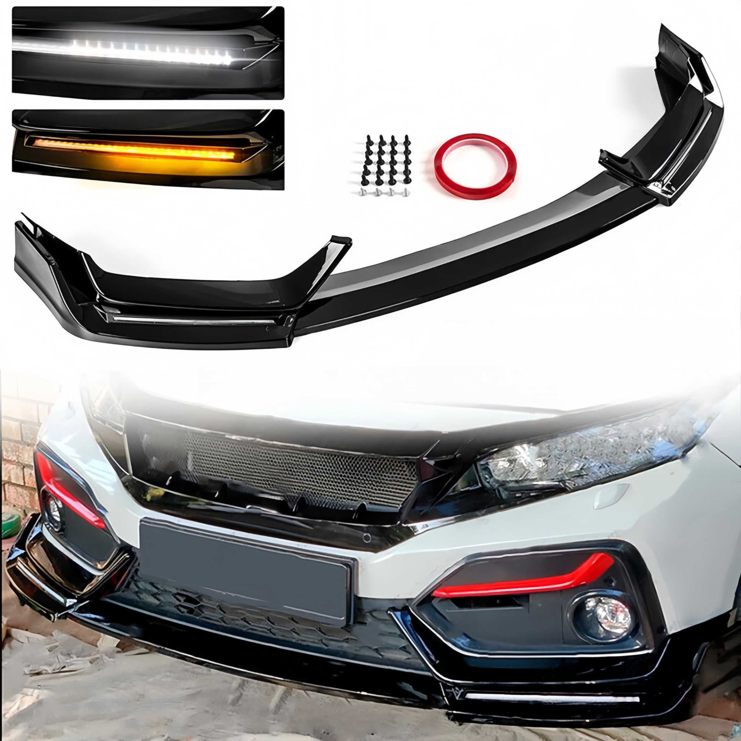 Glossy Black Front Bumper Lip Splitter with LED Daytime Running Lights for 2017-2021 Honda Civic Hatchback & Si | Lower Chin Protection & Air Dam Spoiler | Perfect for Street Racing & Car Customization