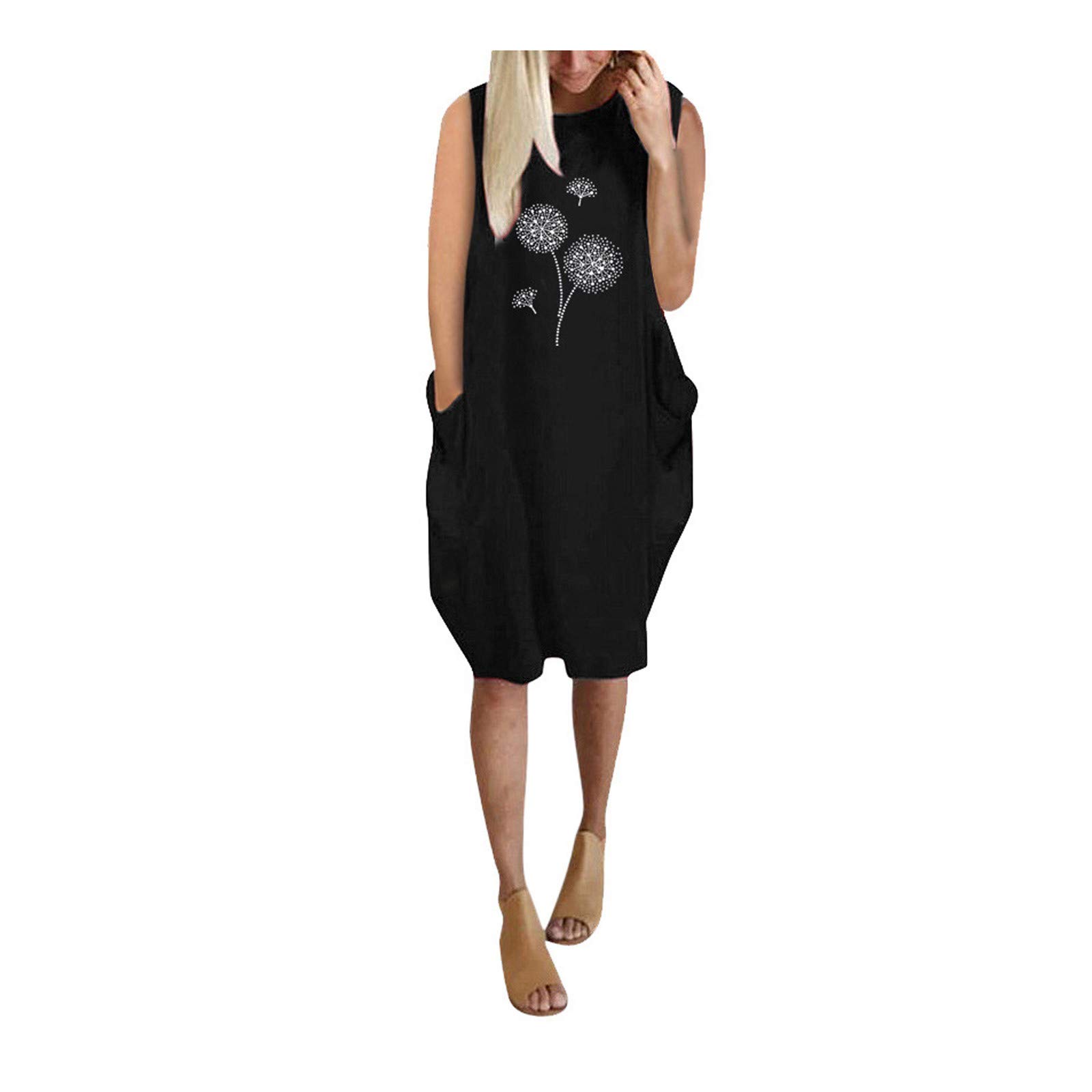 Stylish Women's Casual Loose Fit Printed Sleeveless Dress with Round Neck Tie and Pockets - Perfect for Summer Outings, Beach Vacations, and Everyday Wear