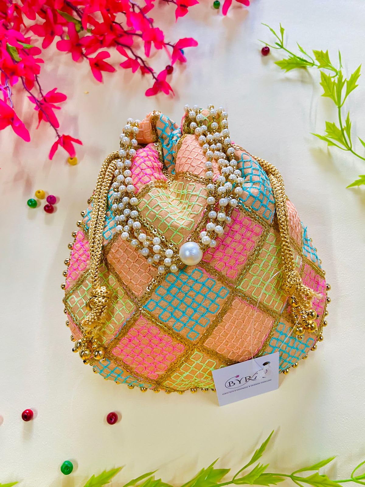 BYRA Women's Multi-Color Silk Potli Bag - Elegant Handmade Clutch Purse for Weddings, Parties & Festive Occasions - Perfect Gift for Women & Girls