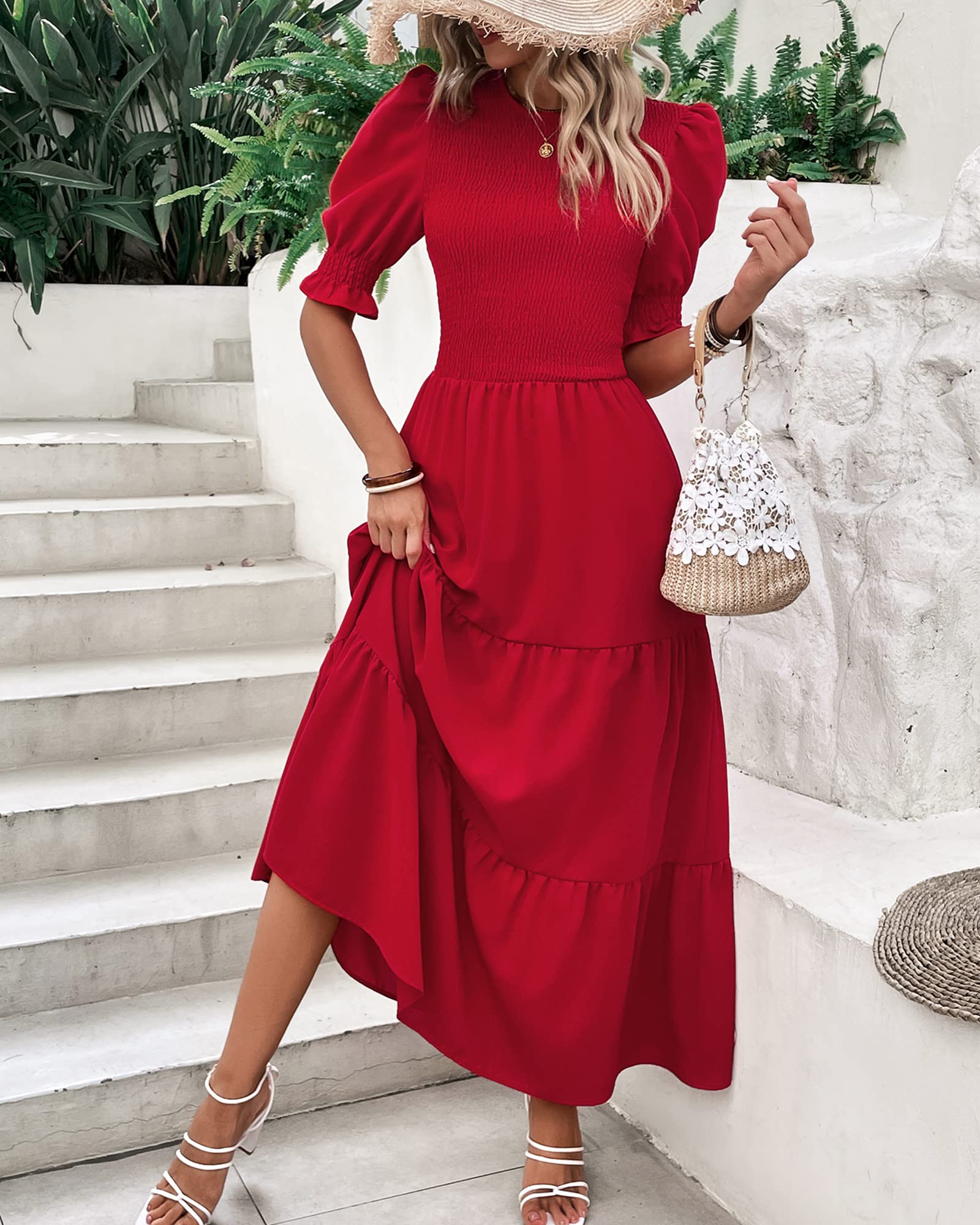 BTFBM Women's Casual Summer Floral Print Boho Maxi Dress - Crew Neck, Ruffle Short Sleeve, Smocked Waist, Flowy Design for Spring/Summer 2025 | Perfect for Beach Vacations, Date Nights & Boho Fashion Outfits