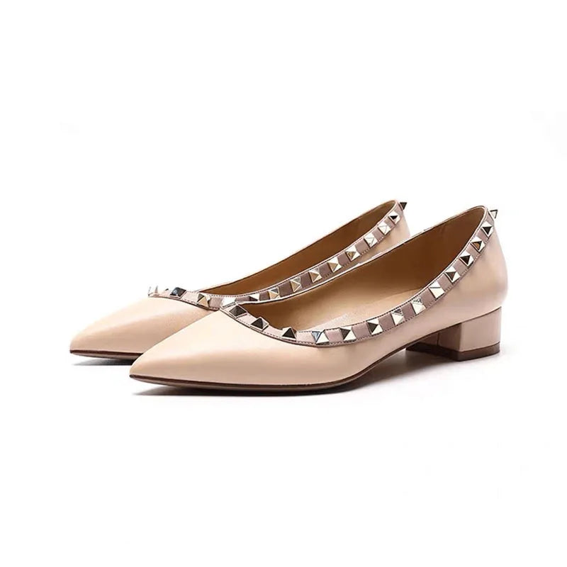 Luxury Leather Rivet High Heels for Women - Designer Pointed Toe Square Heel Pumps | Perfect for Evening Parties, Weddings & Office Wear