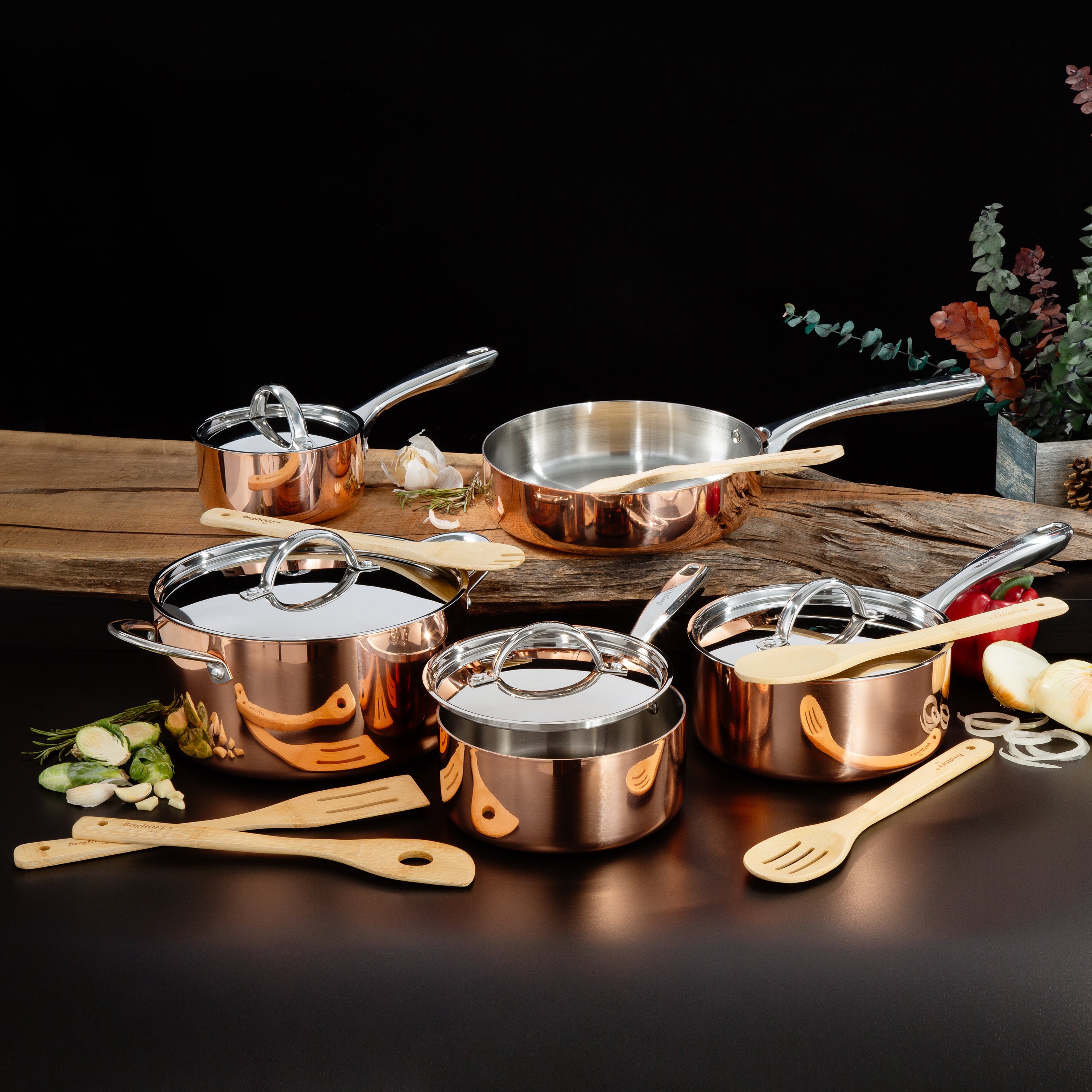 BergHOFF Vintage 15-Piece Tri-Ply Copper Cookware Set with Lids - Polished Stainless Steel Pots and Pans for Professional Cooking & Home Kitchen Use