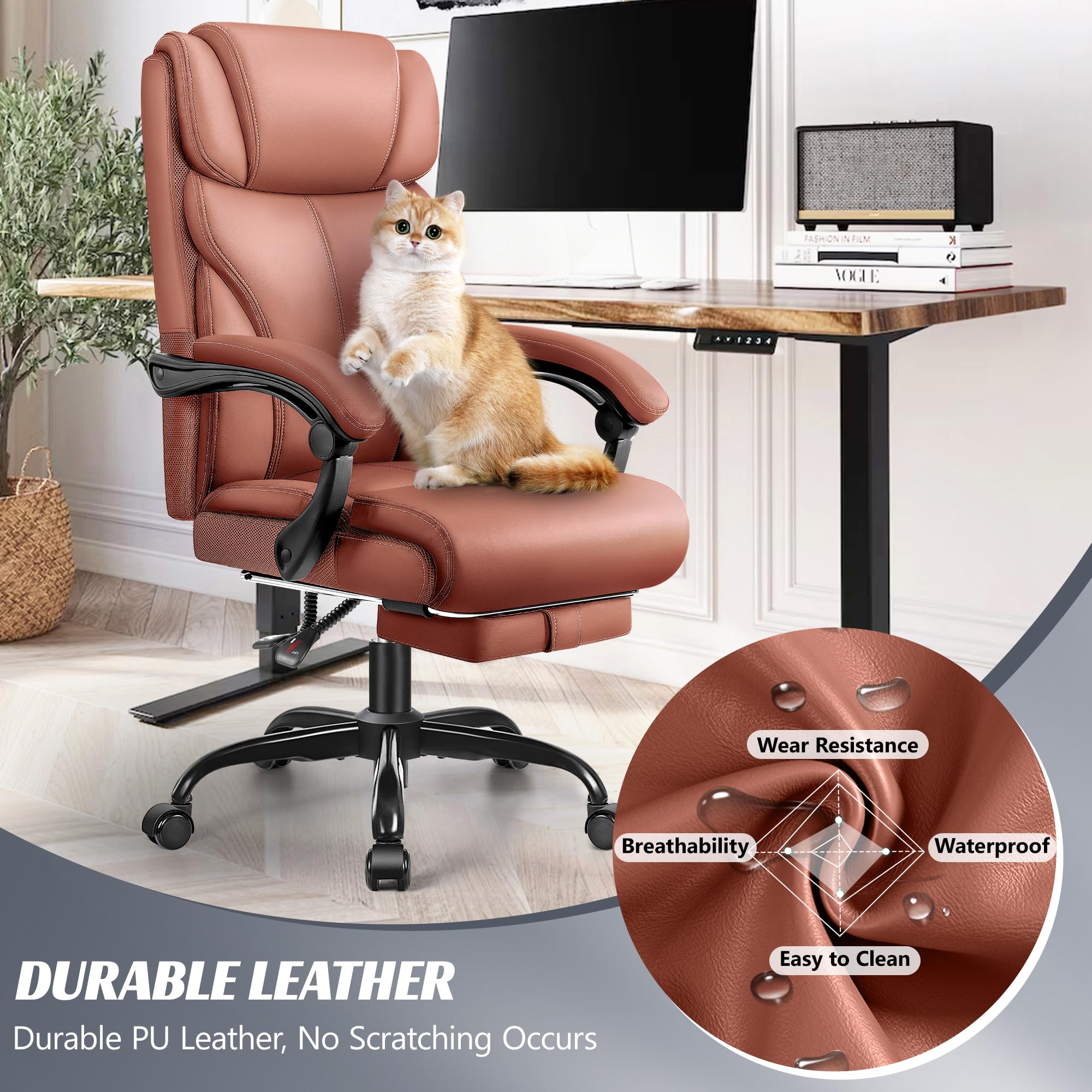 Premium Ergonomic Office Chair - High Back Executive Leather Desk Chair with Lumbar Support, Adjustable Height & Footrest - Big & Tall Comfort for Home Office, Gaming & Workspaces