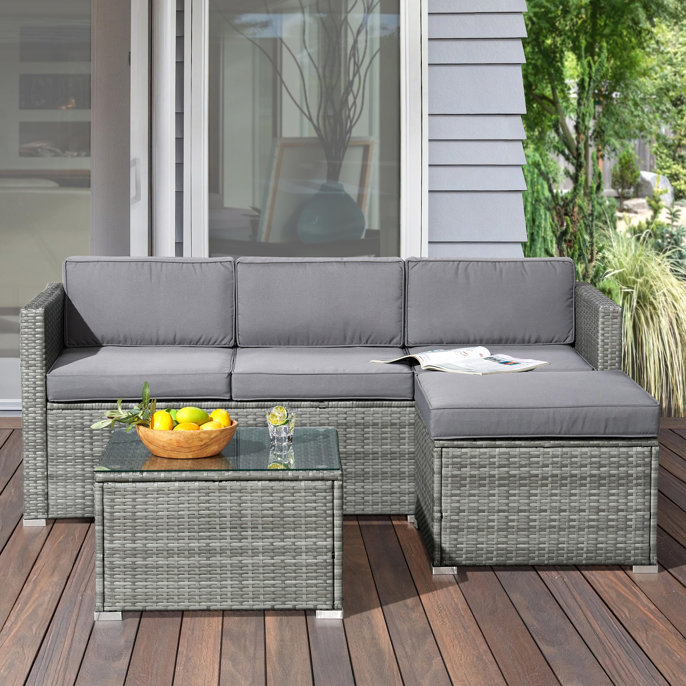 Premium 3-Piece Rattan Patio Furniture Set - Outdoor Sectional Sofa with Ottoman & Coffee Table - Weather-Resistant Gray Wicker Deck, Poolside, Backyard or Sunroom Lounge Set for Relaxing & Entertaining