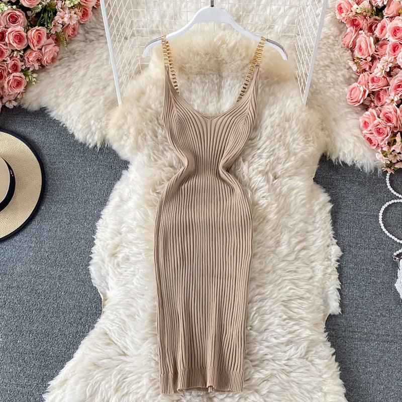 2023 Summer New Knitted Chain Shoulder Strap Sheath Dress for Women - Elegant Bodycon Party Dress for Night Out, Club, Date Night, Wedding Guest (Style 435)