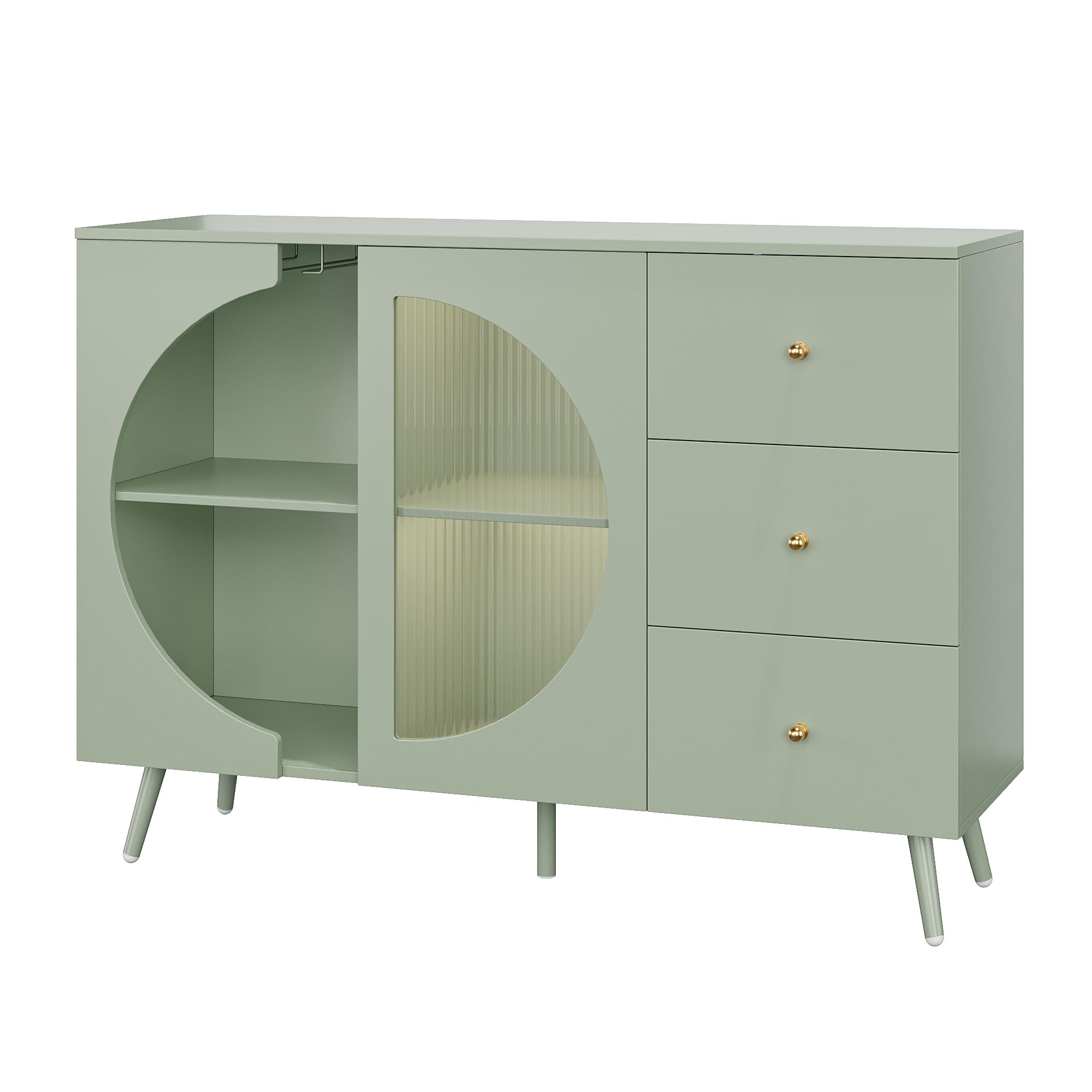 Modern Cream Coffee Bar Cabinet with Fluted Glass Door & Wine Glass Rack - Buffet Sideboard with Storage Drawers for Living Room, Kitchen or Dining Room - Elegant Green Home Furniture for Entertaining & Display