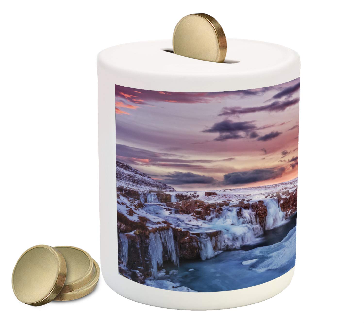 Ambesonne Ceramic Piggy Bank - Kirkjufell Mountain Iceland Winter Scene with Frozen Waterfalls, 3.6x3.2 Inch Money Box for Cash Savings (Pale Mauve & Multicolor) - Perfect Gift for Kids, Collectors & Home Decor