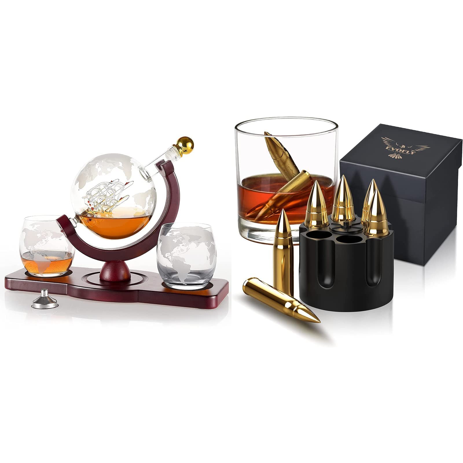 Premium Whiskey Decanter Set with 2 Etched Globe Glasses & Whiskey Stones - Unique Gift for Men, Husband, Boyfriend - Perfect for Christmas, Anniversary, Birthday - Ideal for Home Bar, Dinner Parties & Whiskey Tasting