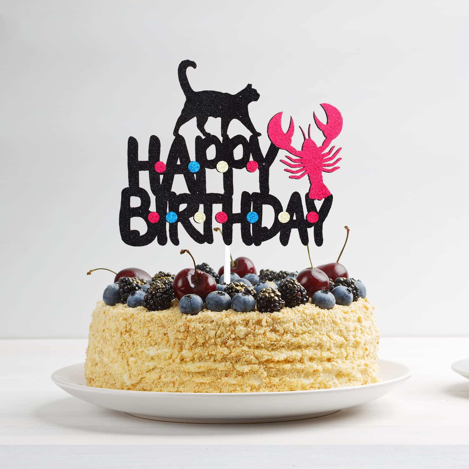 Happy Birthday Cat Cake Topper - Black Glitter Cat & Lobster Design for Birthday Party Decorations - Perfect for Kids, Boys, Girls Birthday Cakes and Celebrations