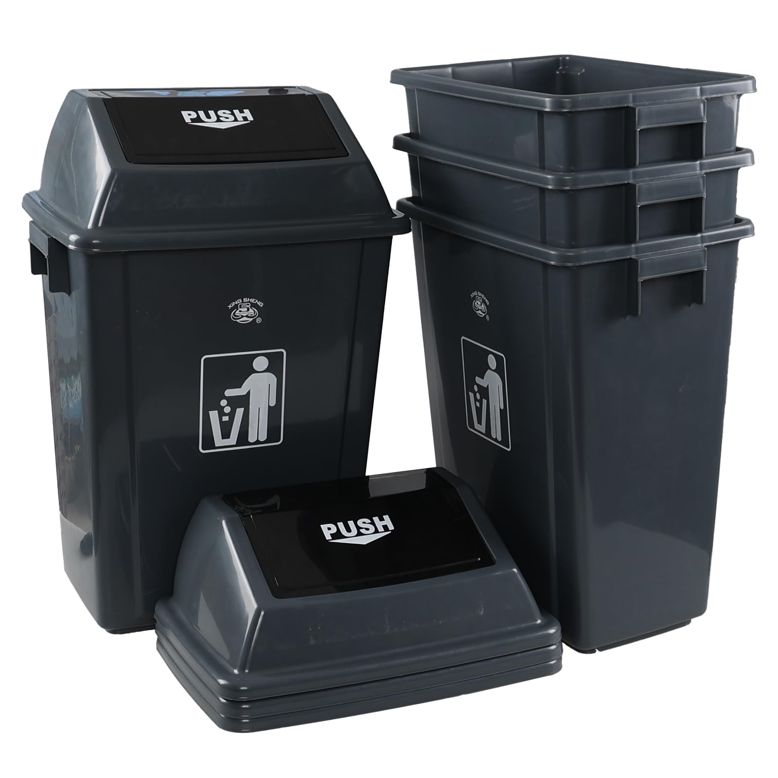13 Gallon Plastic Swing Lid Trash Can - 4 Pack Outdoor Garbage Bin with Leak-Proof Design, Heavy Duty & Weather Resistant for Patio, Backyard, Garage, and Commercial Use (Grey)