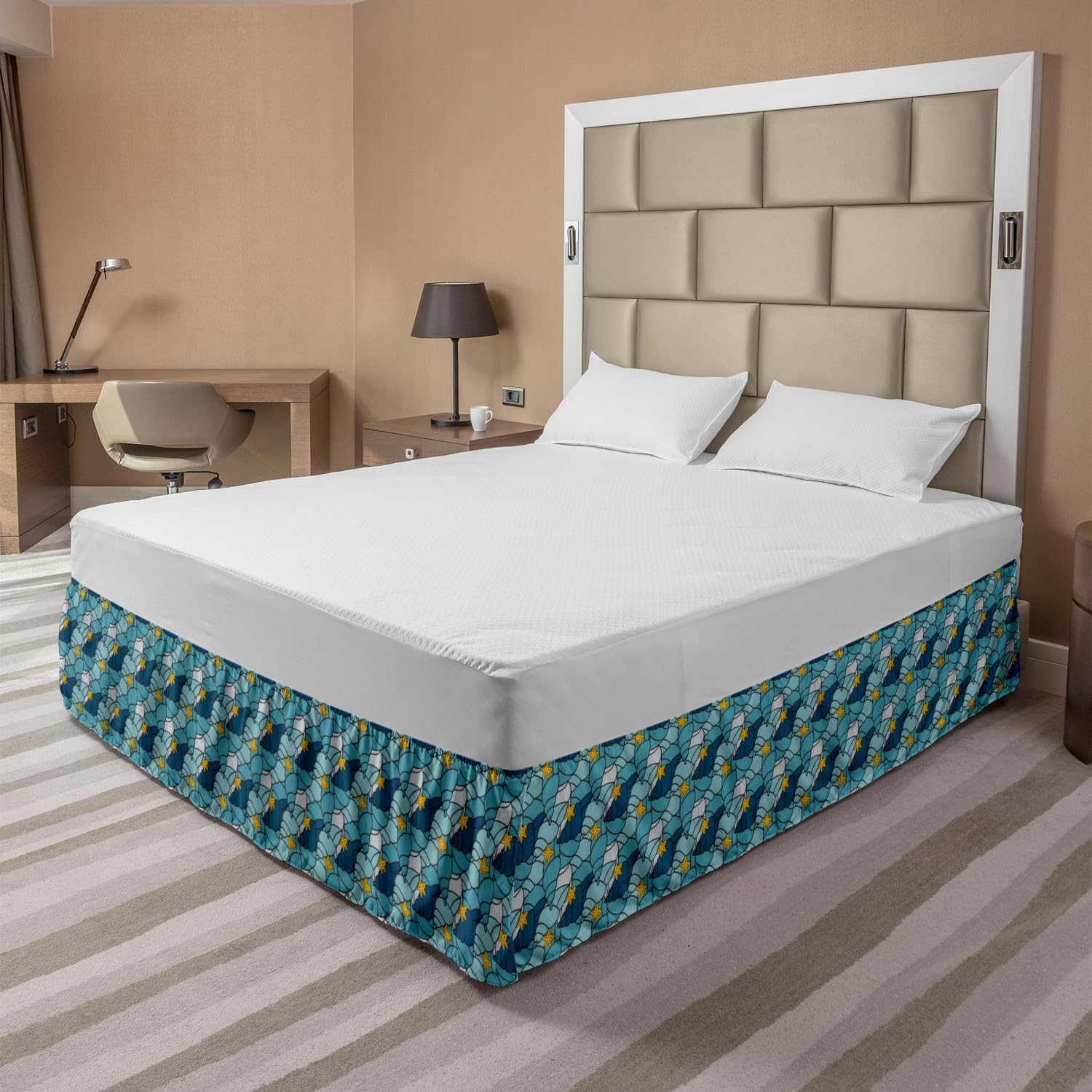 Ambesonne Nautical Elastic Bed Skirt - Seashells and Starfish Pattern Wrap Around Dust Ruffle for King Size Beds, Sea Blue & Earth Yellow | Perfect for Coastal Themed Bedrooms, Guest Rooms & Beach House Decor