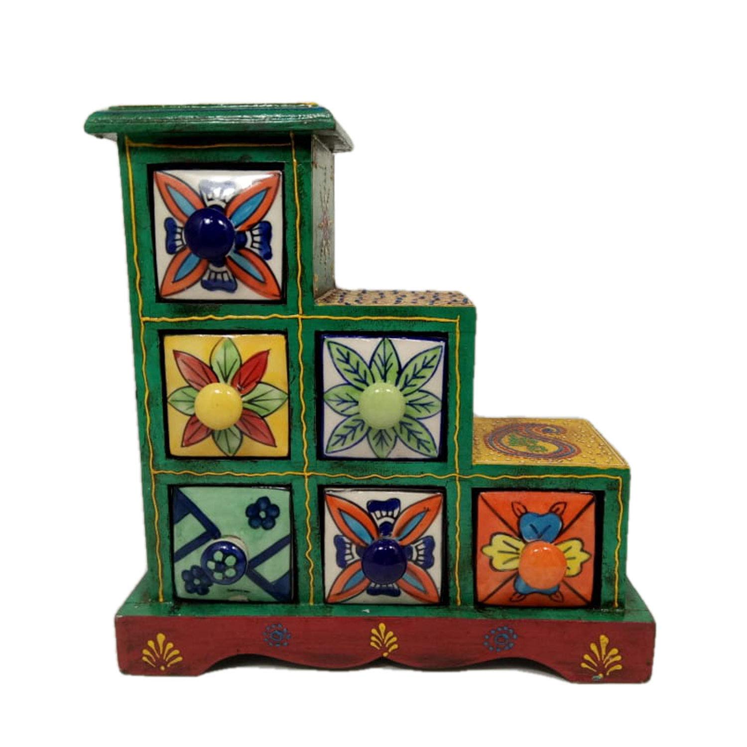 Handmade 6-Drawer Decorative Chest - Green Christmas Handicraft by Award-Winning Indian Artisan | Perfect Holiday Gift for Home & Office Decor