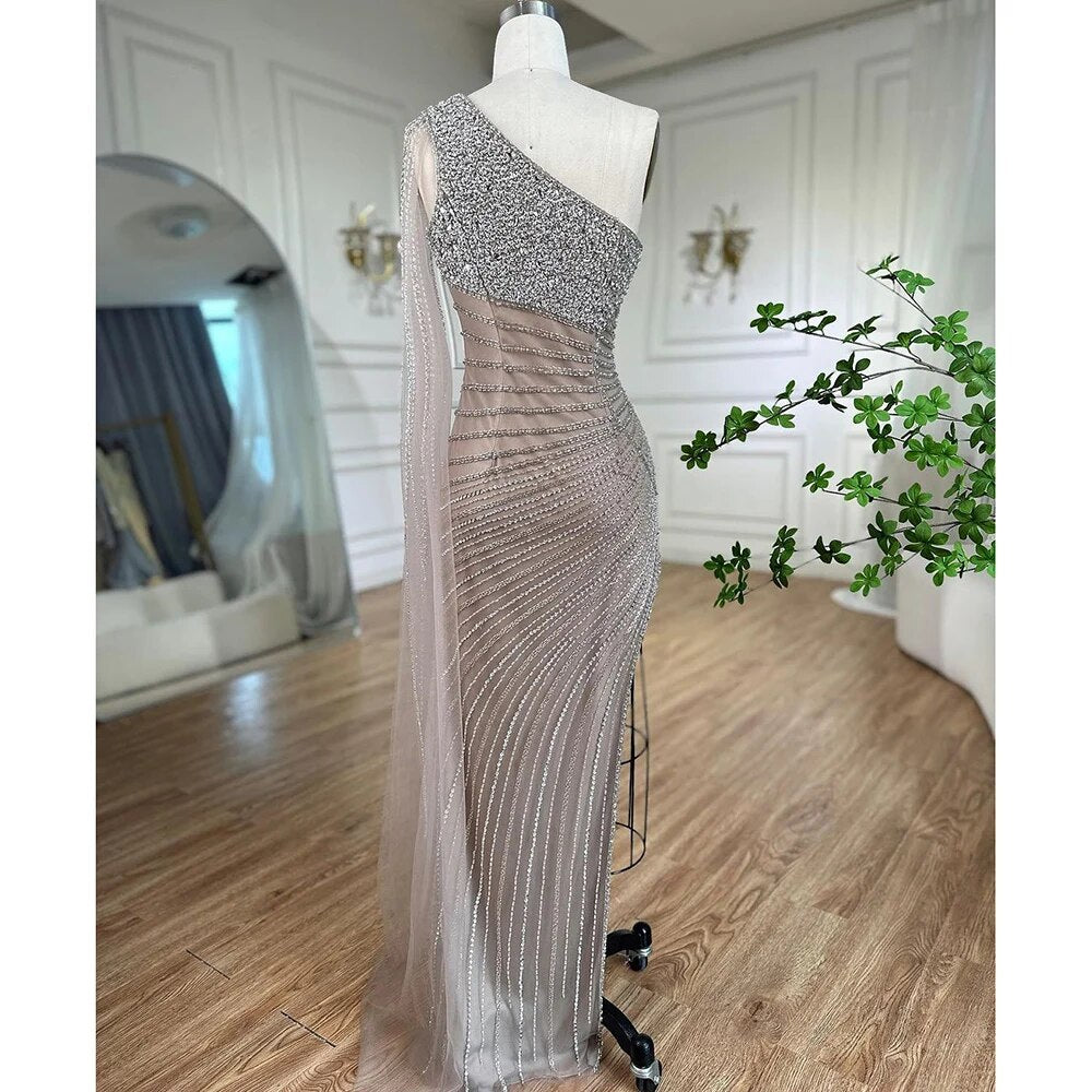 Serene Hill Lilac Mermaid Elegant One Shoulder Sexy High Slit Beaded Evening Dress Gown 2025 for Women - Perfect for Weddings, Prom, Cocktail Parties & Formal Events