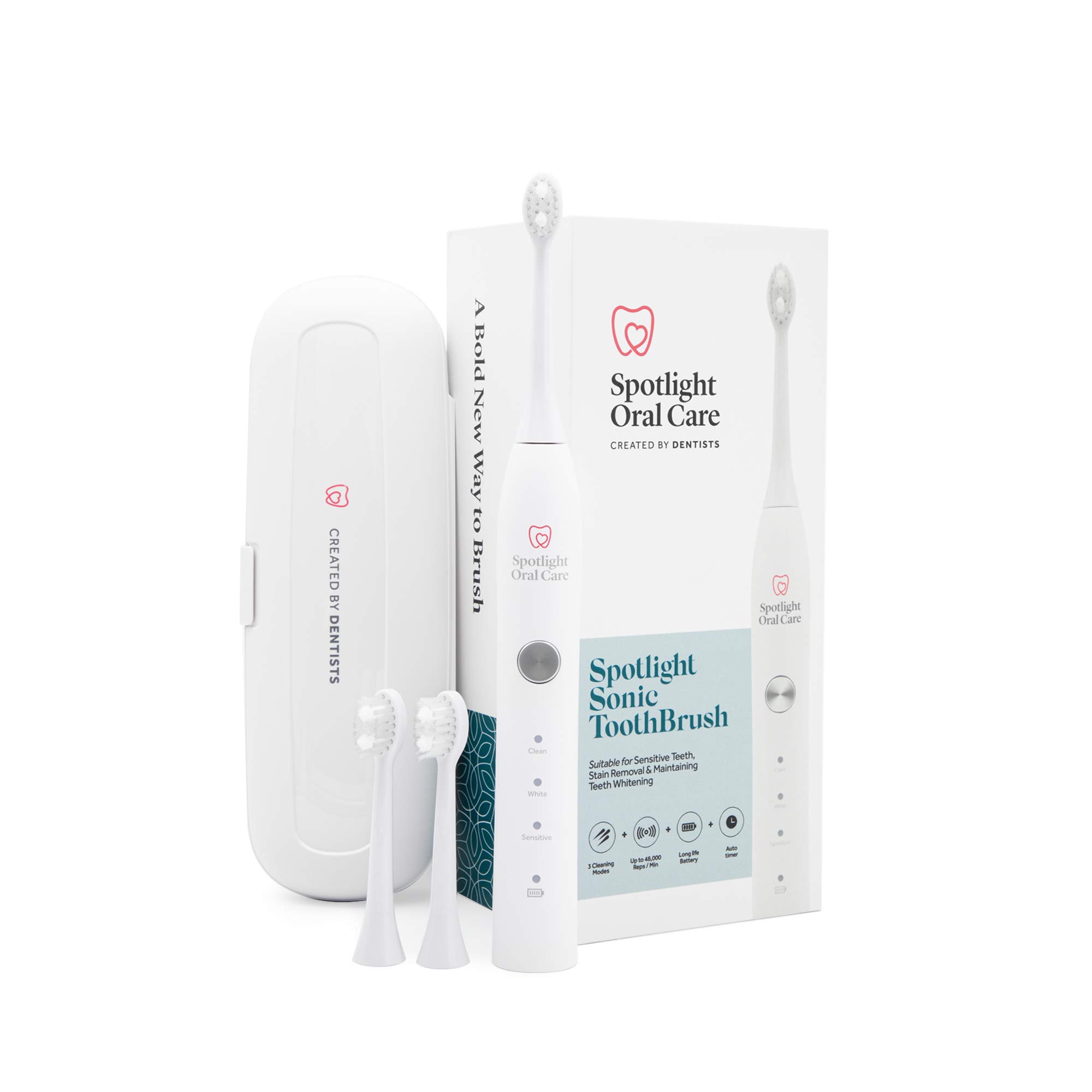 Spotlight Oral Care Sonic Electric Toothbrush - Gentle Whitening with 48,000 VPM, 3 Modes & 2-Minute Timer | Rechargeable Long-Lasting Battery | Perfect for Travel & Daily Oral Hygiene (White)
