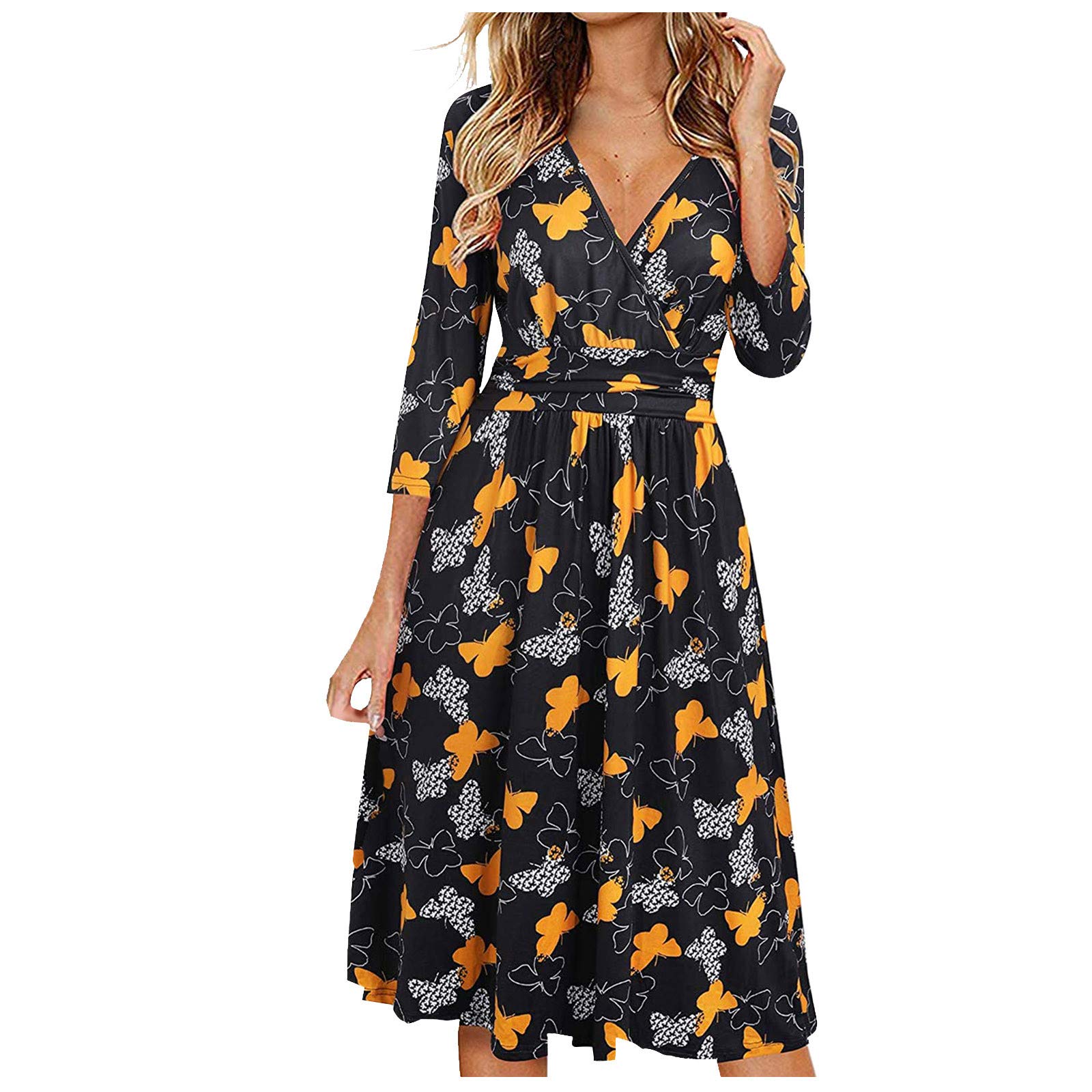 Sexy V-Neck 3/4 Sleeve A-Line Midi Dress for Women - Wedding Guest, Casual Skater Dress with Pockets | Perfect for Parties, Date Nights & Office Wear