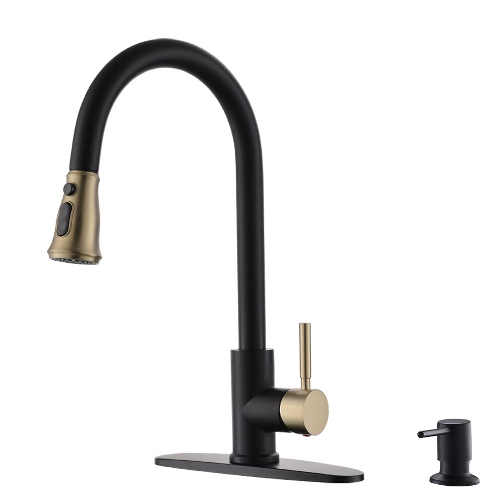 Bokaiya Black and Gold Pull Down Kitchen Faucet with Soaper Dispenser - High Arch Single Handle Stainless Steel Sink Faucet with Pull Out Spray - Perfect for Modern Kitchens and Easy Dishwashing