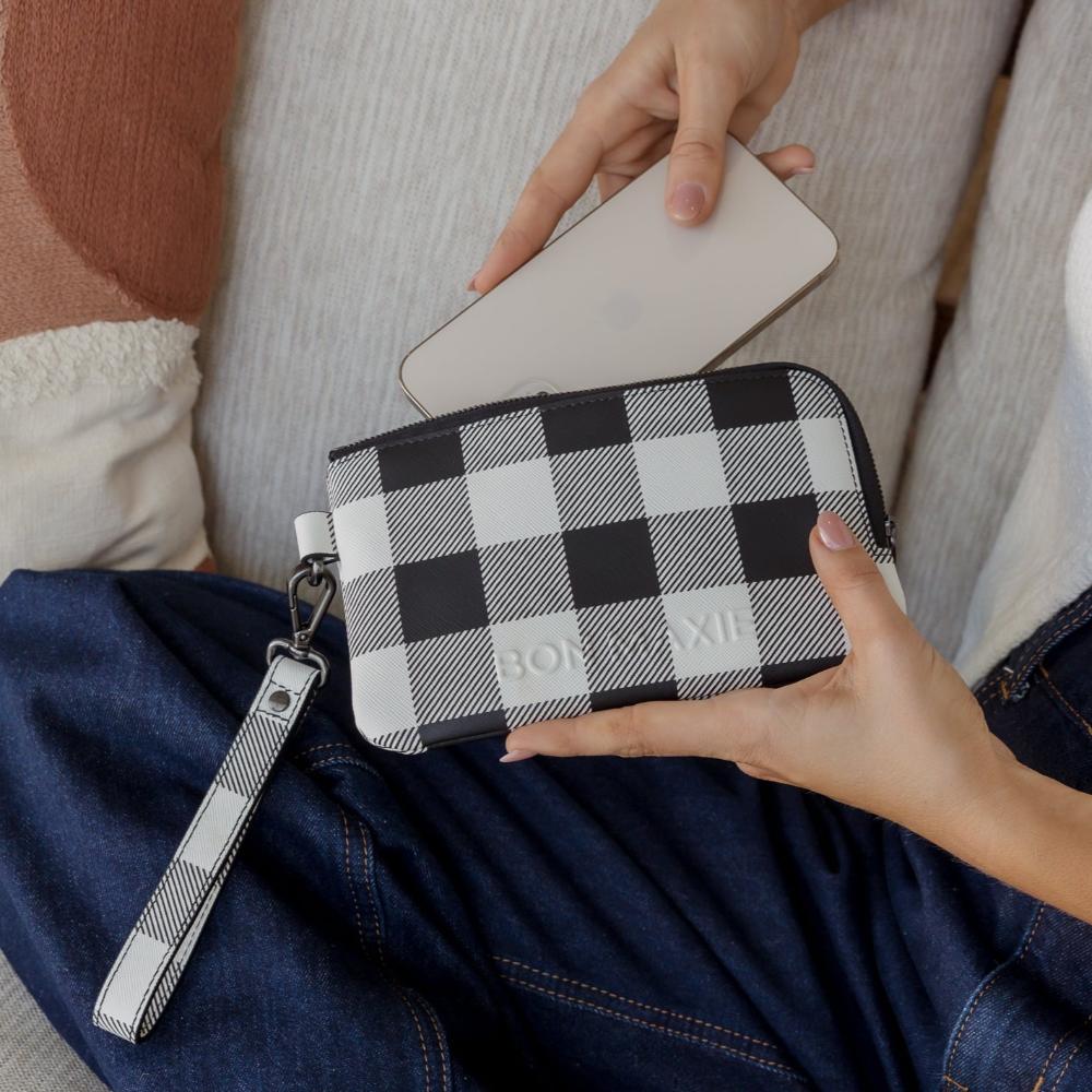 Premium Genuine Leather Phone Wallet Pouch - Slim RFID Blocking Card Holder for iPhone & Samsung - Black Gingham Pattern - Perfect for Travel, Work & Everyday Use