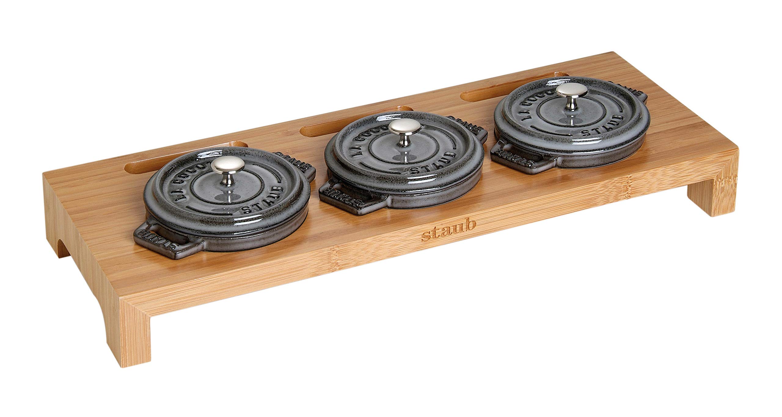 STAUB Cast Iron Cocotte with Bamboo Stand - 1 Liter, Black, 42 x 16 cm, 3 kg Capacity - Perfect for Slow Cooking, Braising & Serving Dishes - Includes Lid