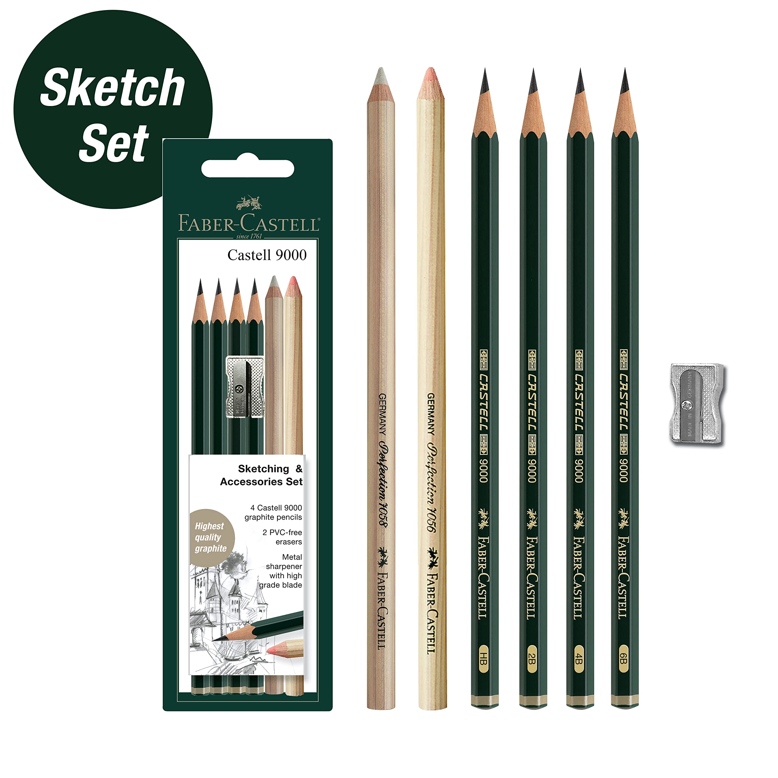 Faber-Castell 9000 Graphite Drawing Pencils Set with Eraser - Professional Sketching & Shading Art Supplies for Artists, Beginners & Students - Perfect for Portraits, Landscapes & Technical Drawings