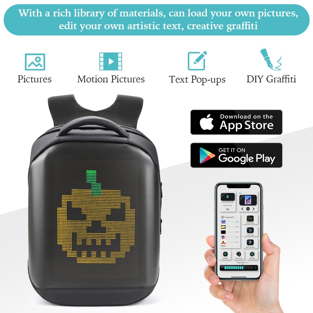 Programmable LED Backpack with HD Color Screen - 15.6 Inch Waterproof Laptop Backpack with App Control for Travel, Motorcycle Riding, and Night Cycling - Perfect for Commuters, Students, and Tech Enthusiasts