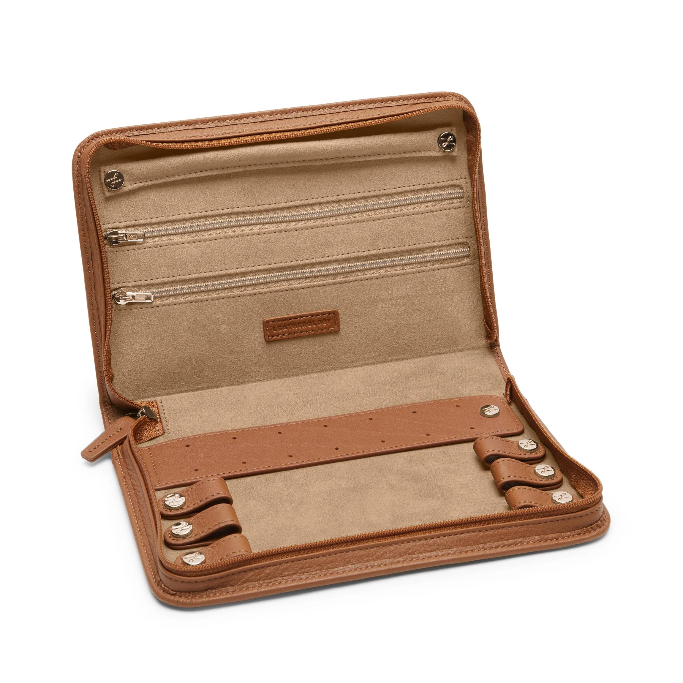 Leatherology Cognac Large Jewelry Case - Spacious Travel Jewelry Organizer with Multiple Compartments | Perfect for Necklaces, Rings & Earrings Storage | Great for Travel, Home & Gift Giving