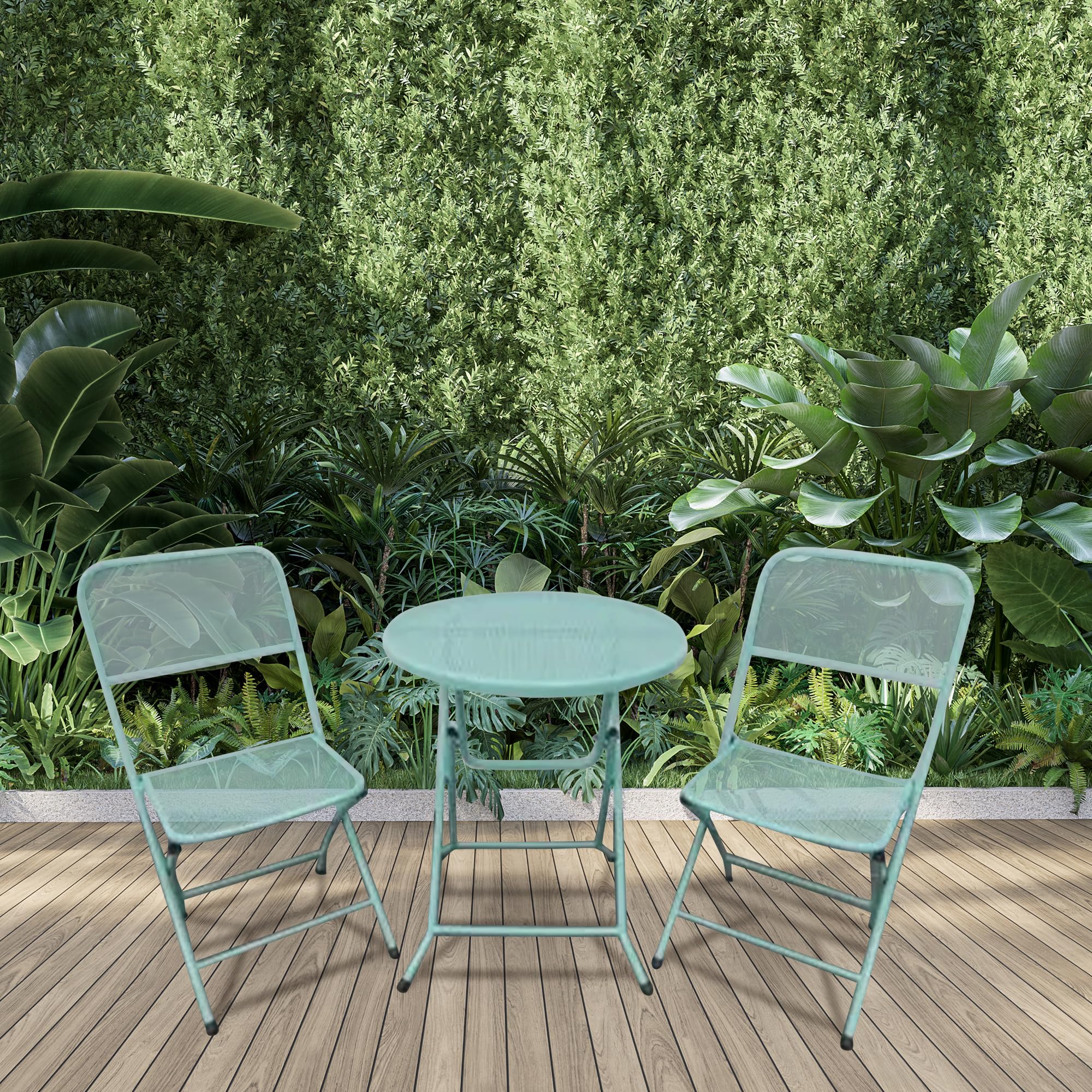 Foldable 3-Piece Outdoor Bistro Set - Powder Coated Steel Mesh Patio Dining Table & 2 Chairs (Blue) - Perfect for Small Balcony, Garden, Deck or Poolside Relaxation