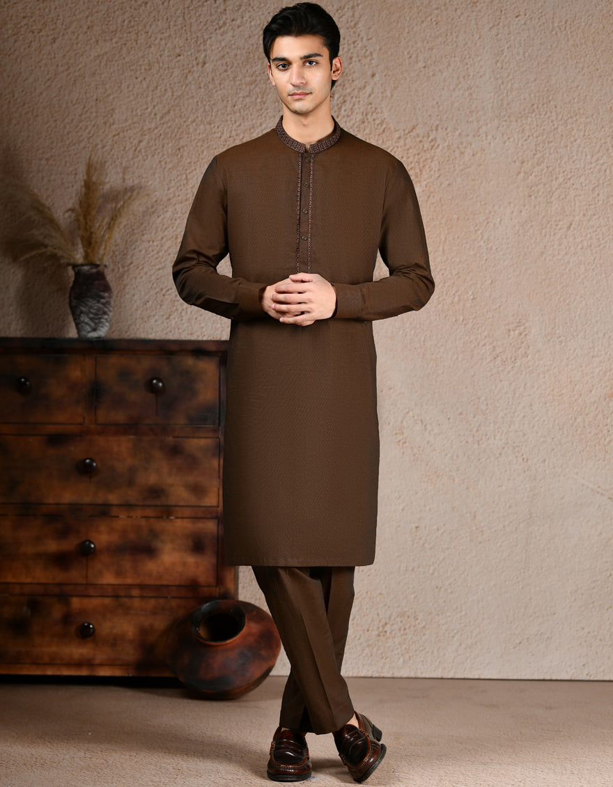Premium Cotton Brown Shalwar Kameez by J. Junaid Jamshed - Traditional Pakistani Outfit for Men, Eid & Wedding Party Wear