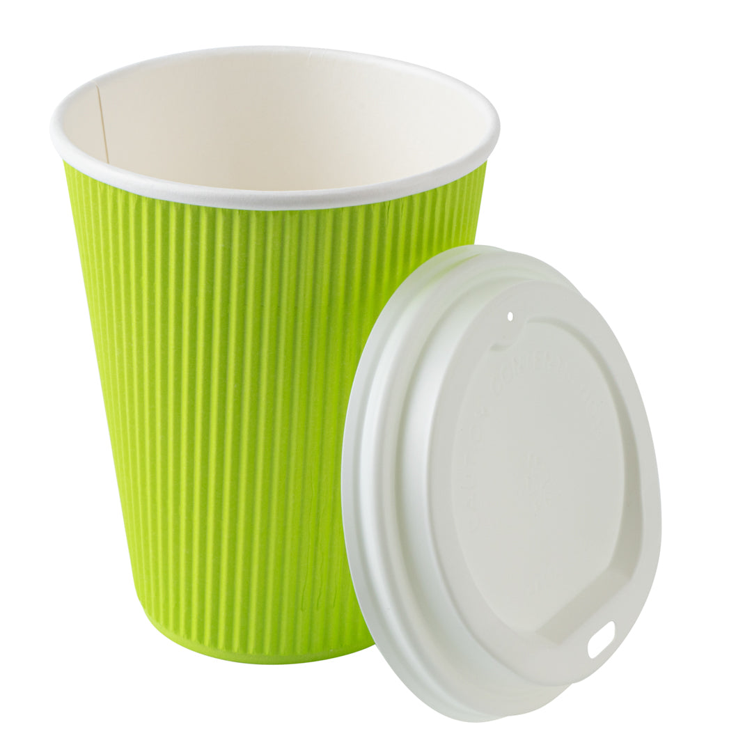 Eco-Friendly 12 oz Paper Ripple Wall Coffee Cups with White Lids - 3.5