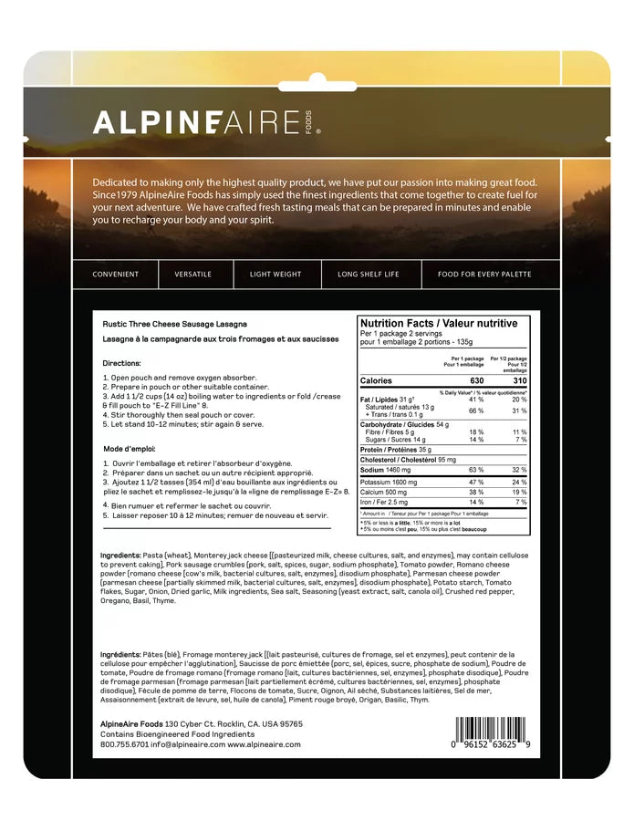 AlpineAire Rustic Three Cheese Sausage Lasagna - Freeze Dried Backpacking Meal for Camping, Hiking & Emergency Food Supply
