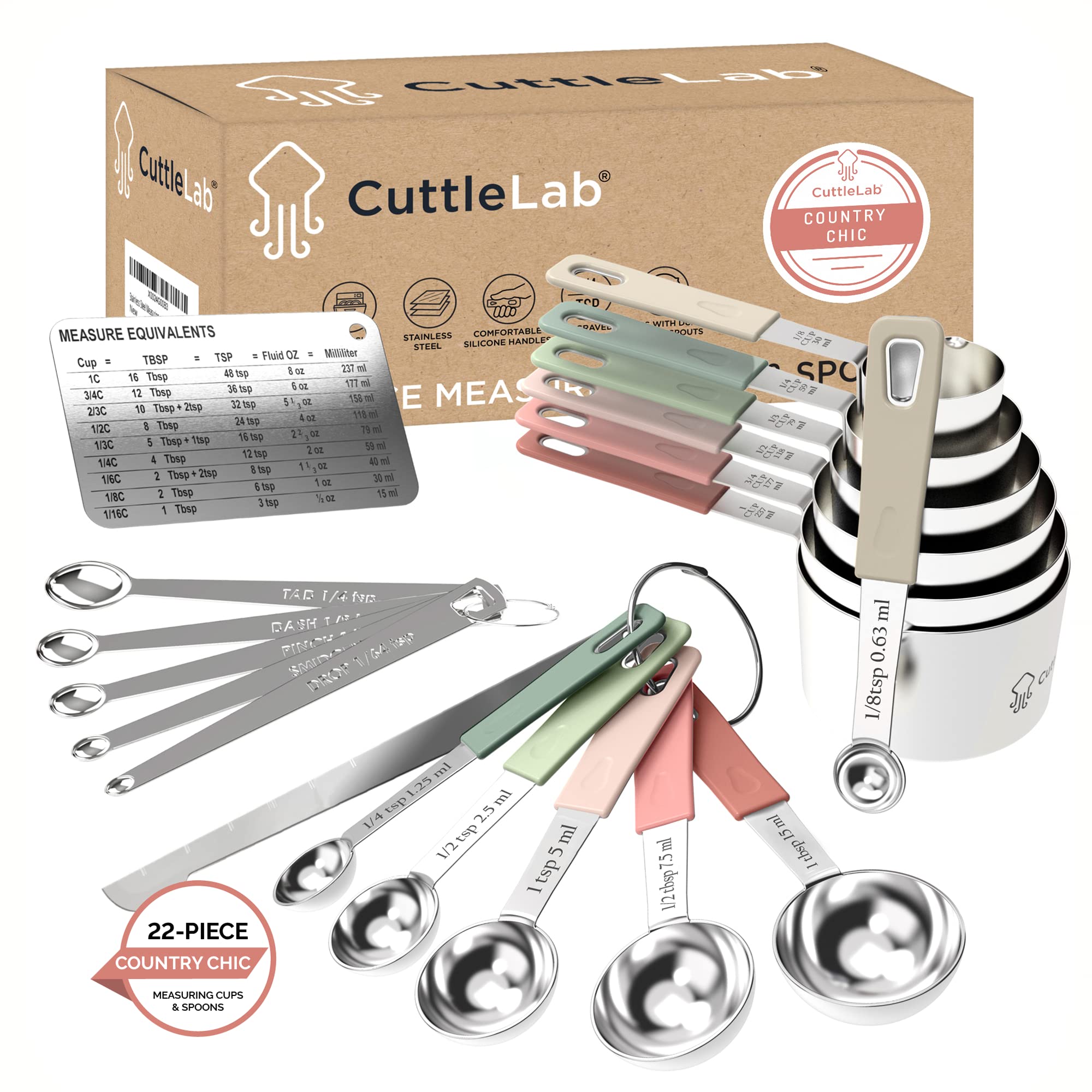22-Piece Stainless Steel Measuring Cups and Spoons Set with Conversion Chart - Includes Tad, Dash, Pinch, Smidgen & Drop Mini Spoons + Leveler & Fridge Magnet - Perfect for Baking, Cooking & Kitchen Organization (Country Chic Design)