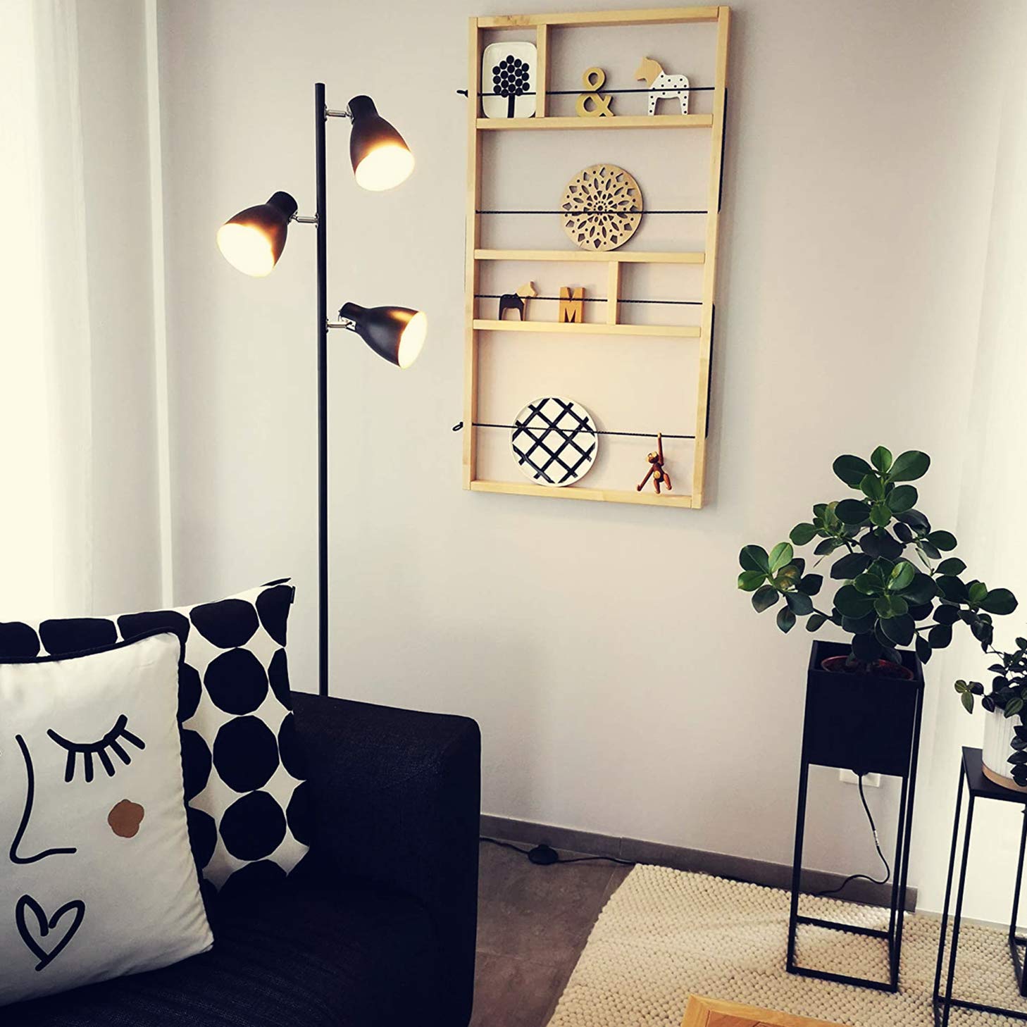 Adjustable Retro Industrial Floor Lamp - 3 Light Tree Design with E27 Socket (Max 25W), 166cm Height in Black/Gold - Perfect for Reading, Living Room, Bedroom & Office Lighting