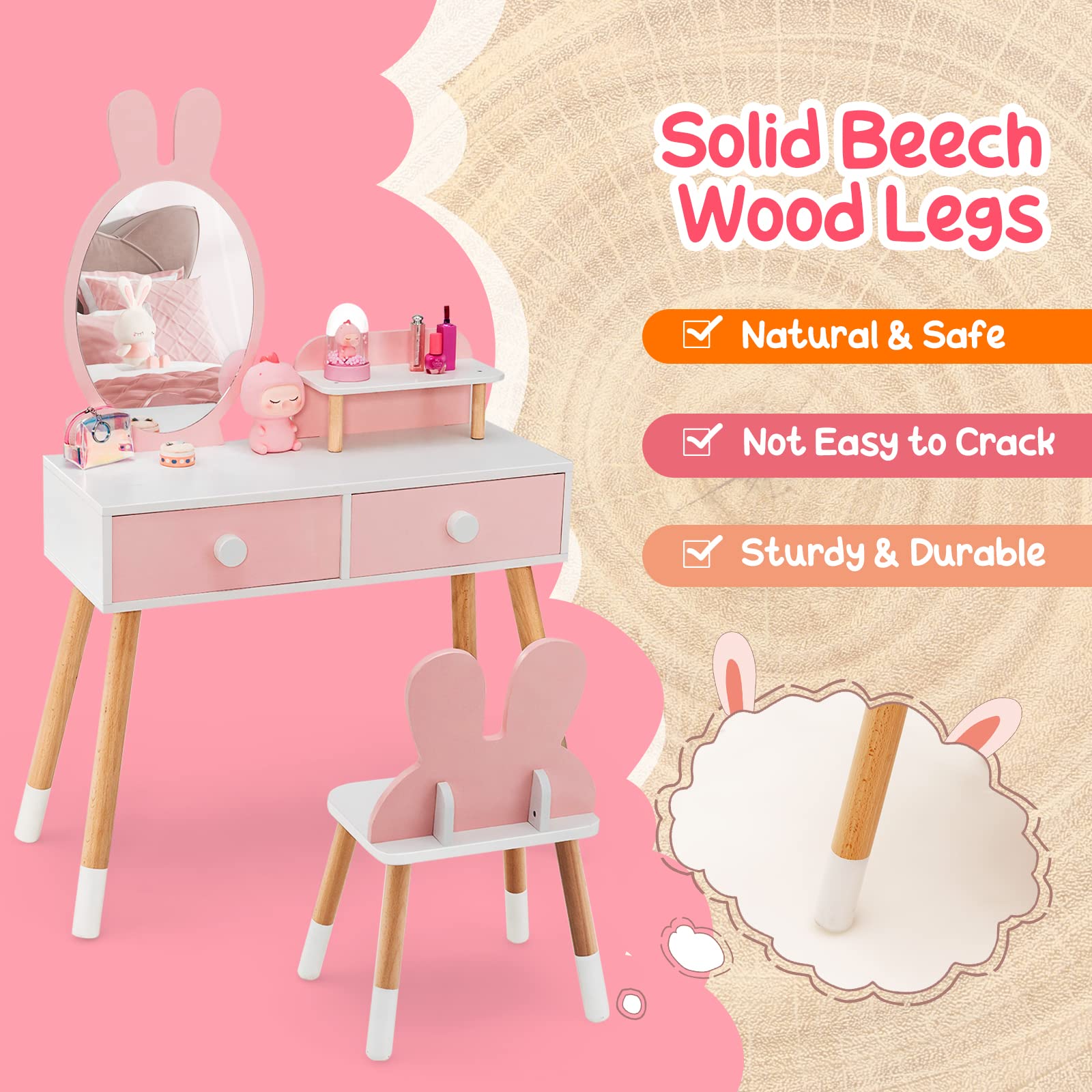 Costzon Pink Wooden Princess Vanity Set for Girls with Mirror, Stool & Storage - Kids Makeup Dressing Table with 2 Large Drawers & Shelf - Pretend Play Toy for Toddlers (Perfect for Birthday Gifts & Bedroom Decor)